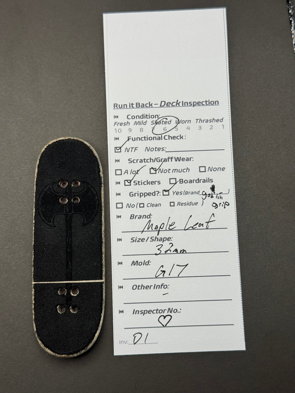 Maple Leaf 32mm G17 Cowply x Knife Collab - Worn - bottom with inspection card