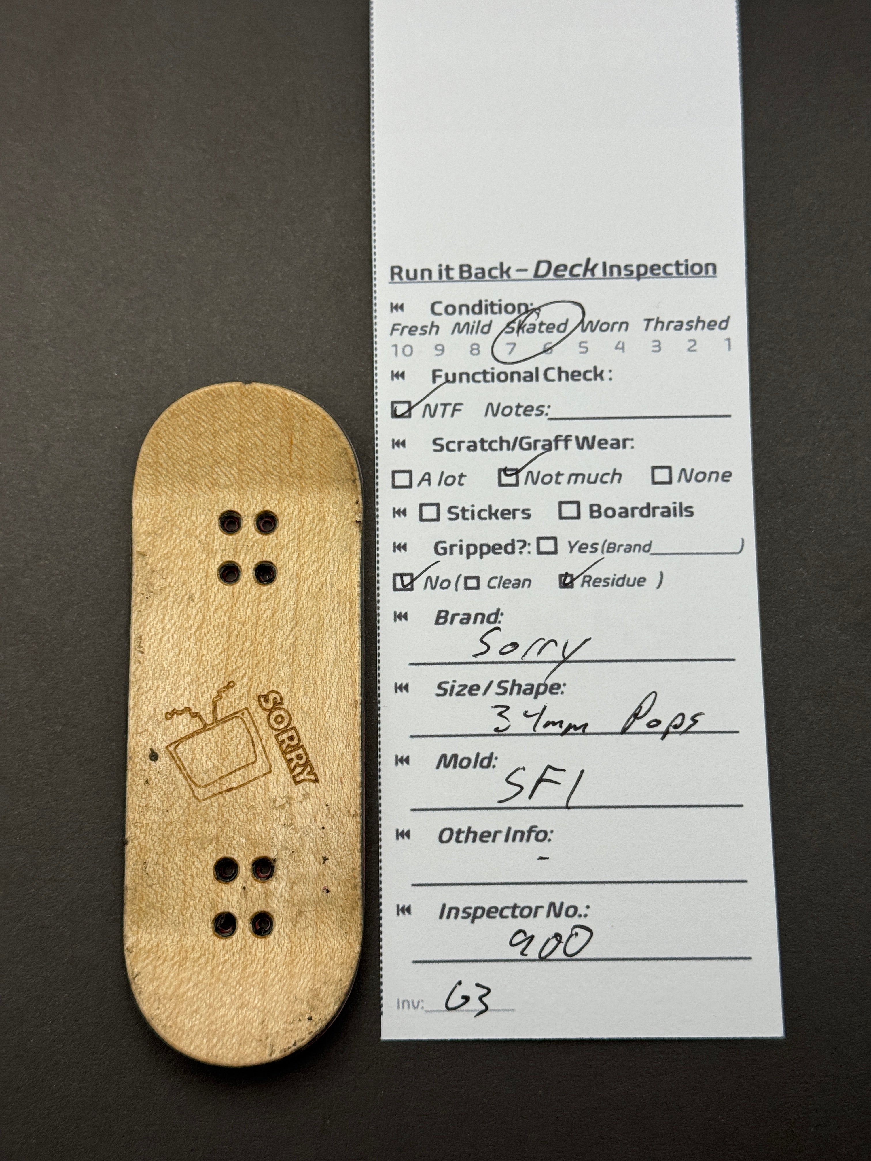 Sorry 34mm Pops SF1 - Skated - bottom with Sorry TV logo and inspection card