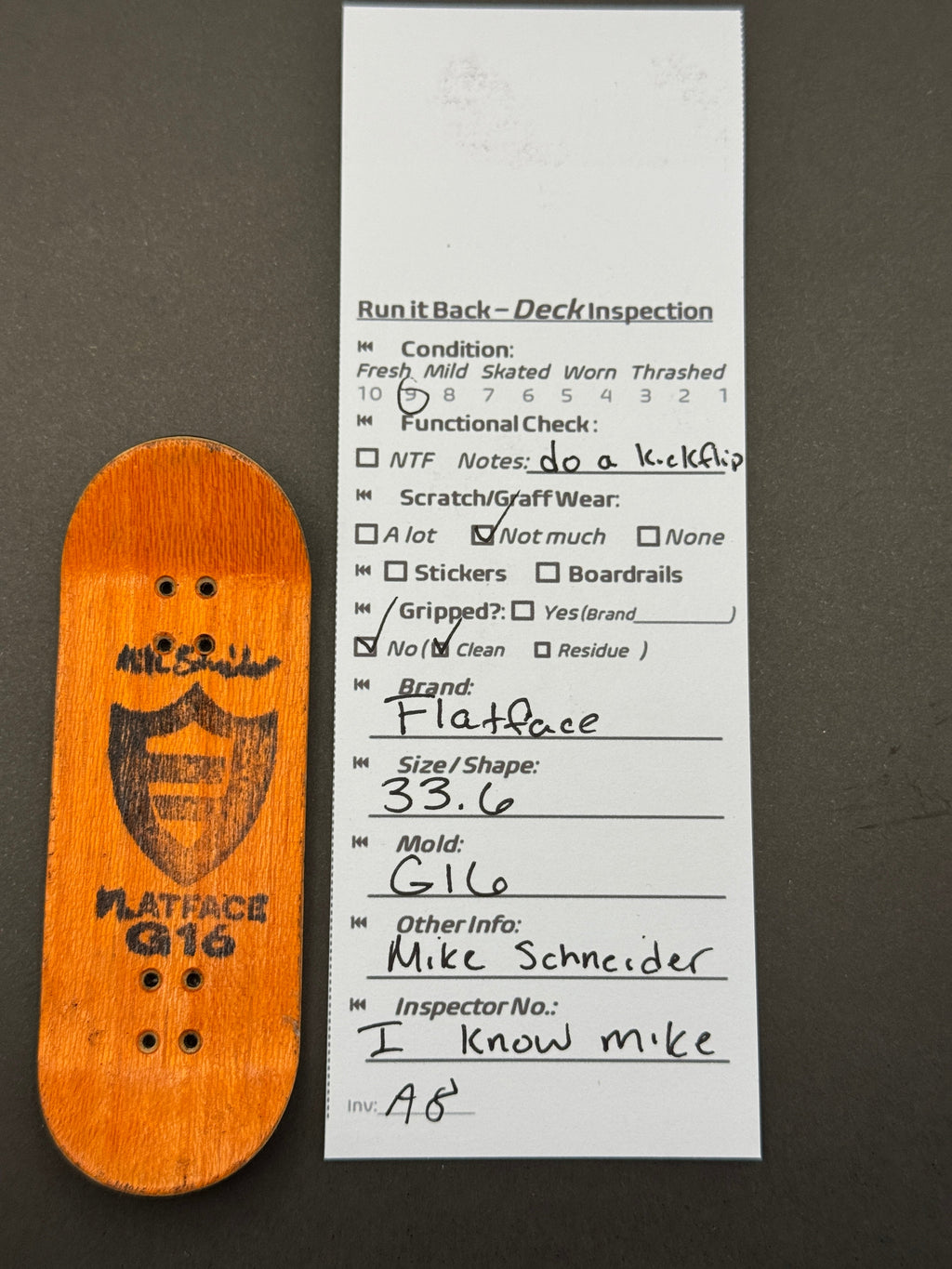 Flatface 33.6mm G16 Mike Schneider - Mild - bottom with inspection card