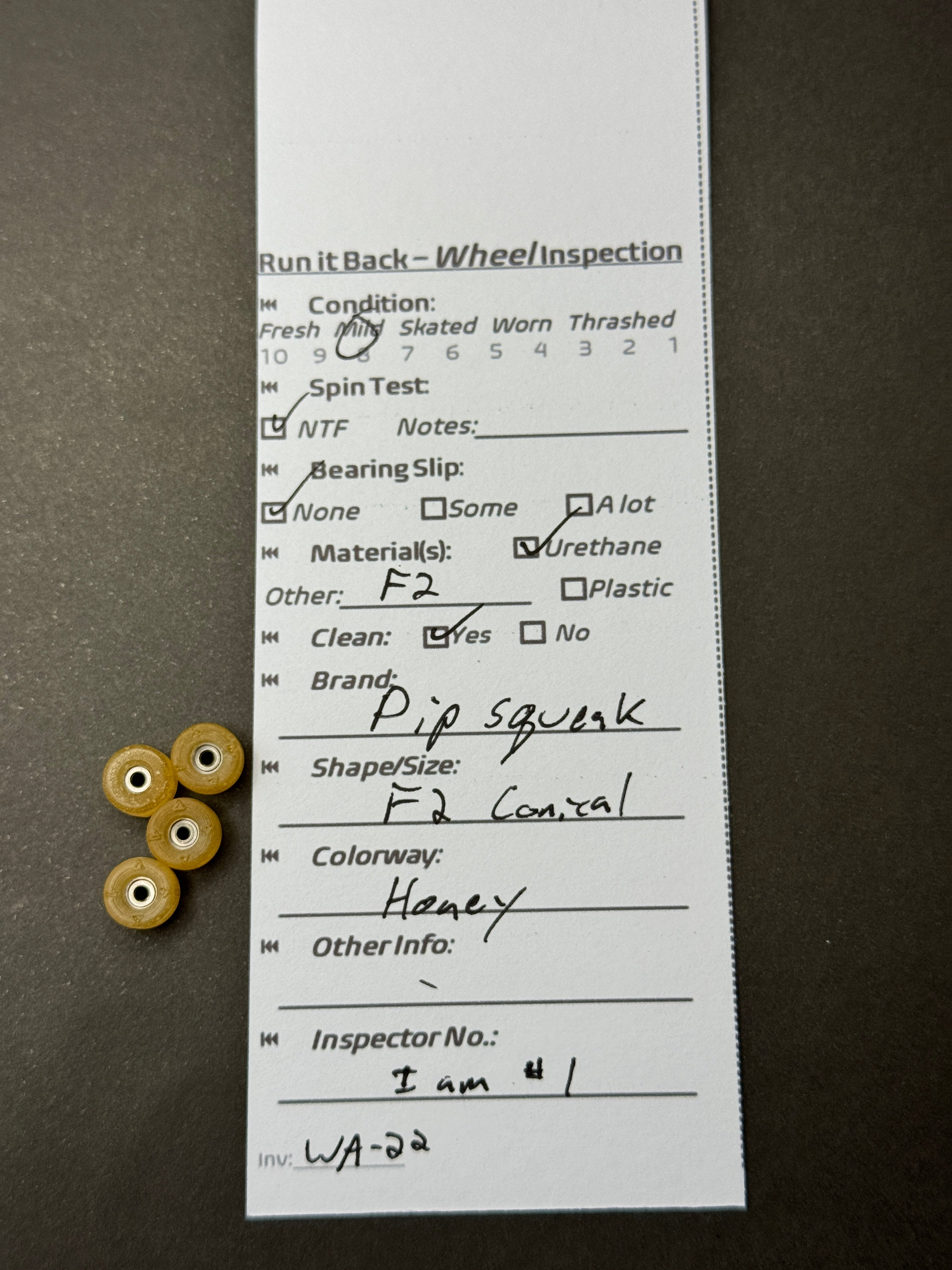 Pipsqueak F2 Conical Honey inspection card