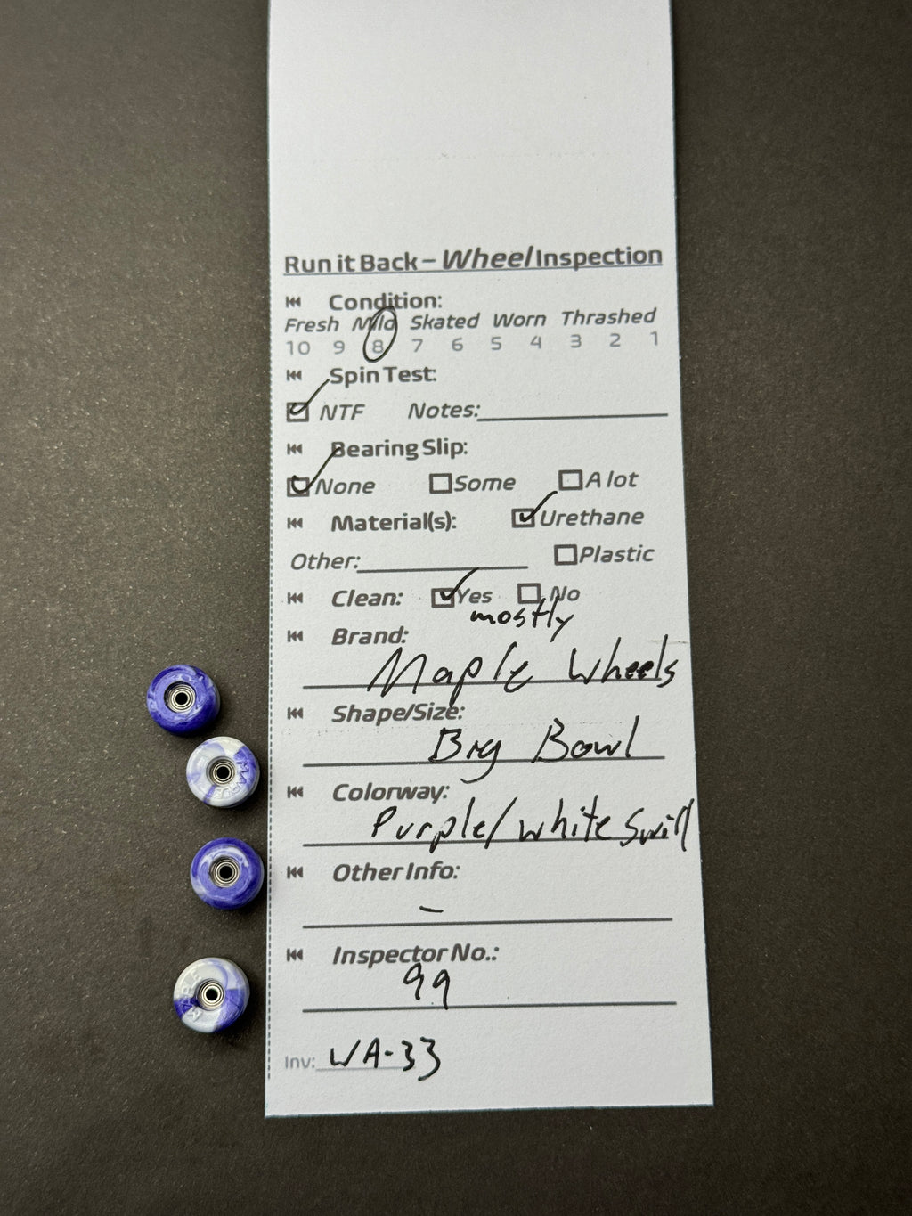 Maple Wheels Big Bowl Purple/White Swirl inspection card
