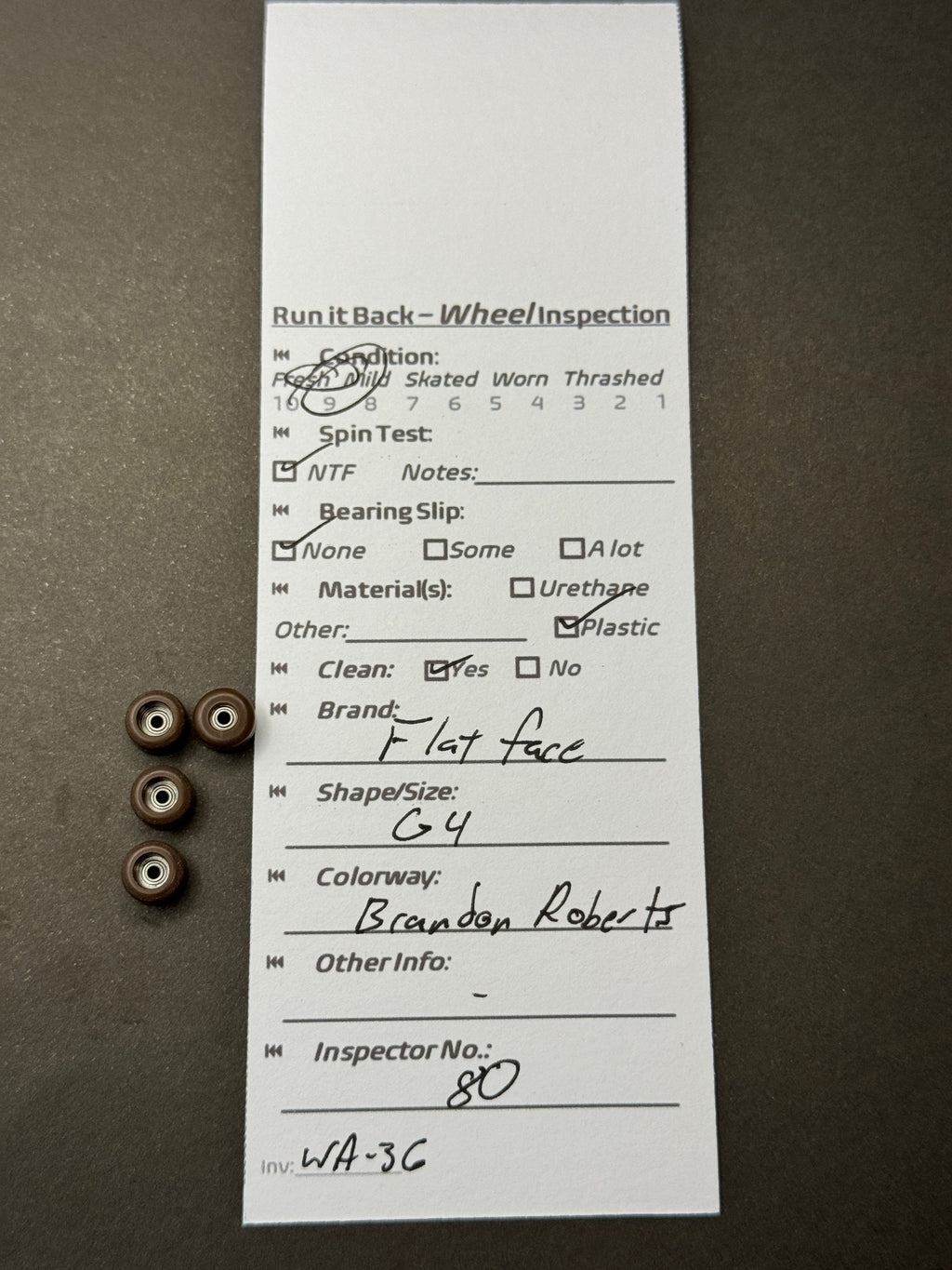 Flatface G4 Brandon Roberts inspection card