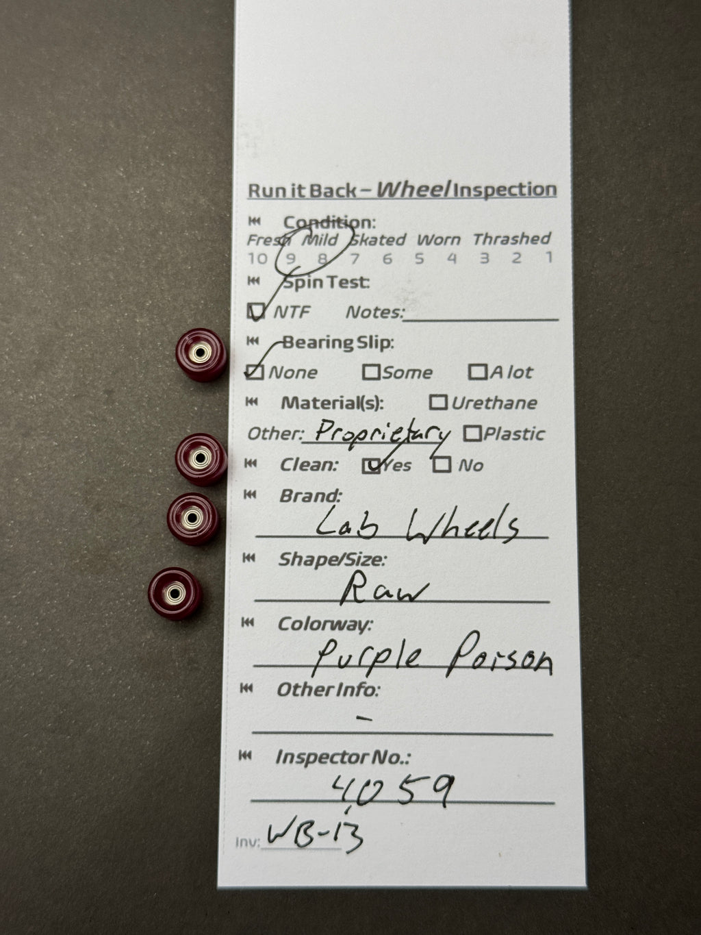 Lab Wheels Raw Purple Poison inspection card