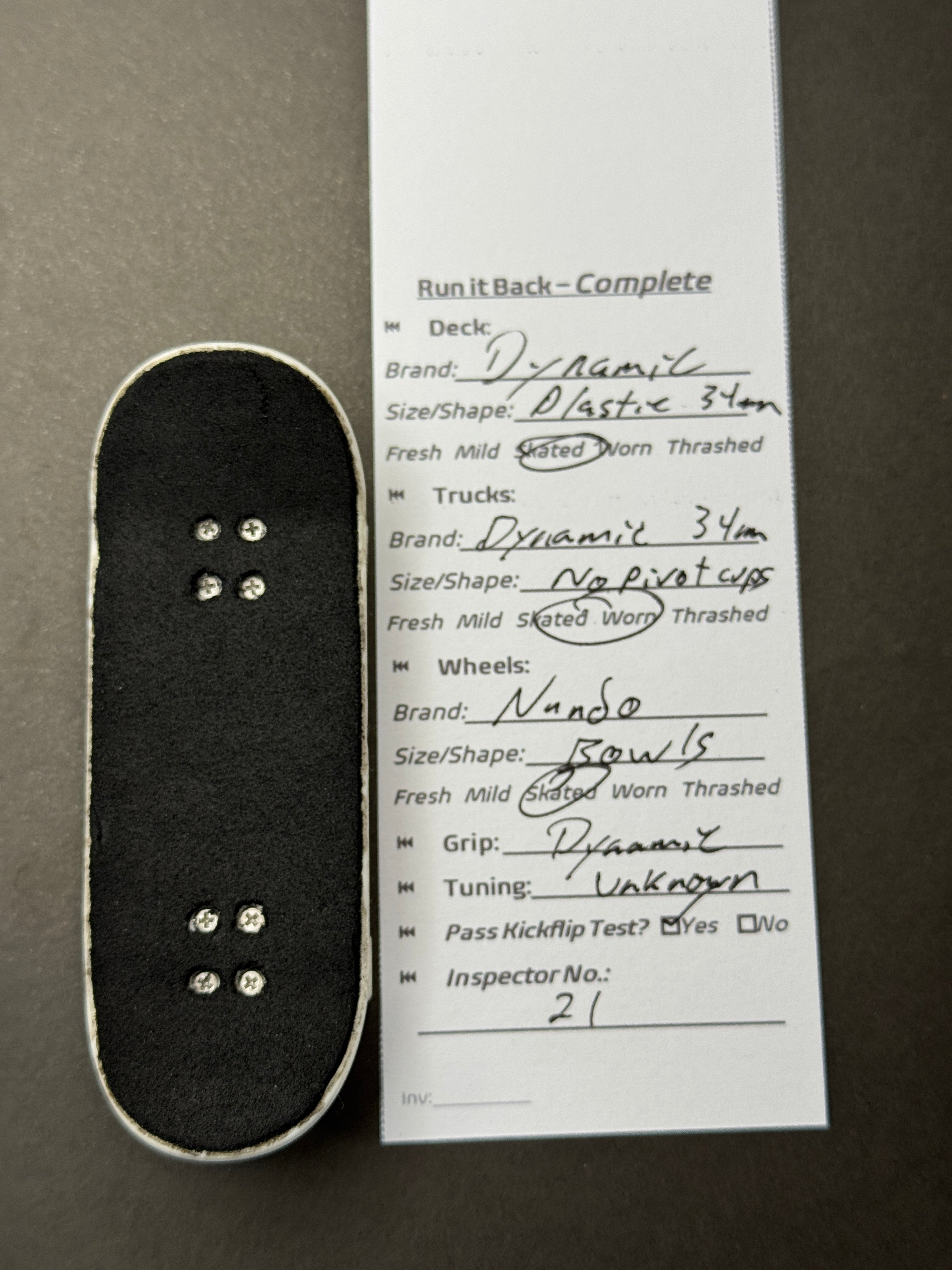 Dynamic Plastic complete inspection card