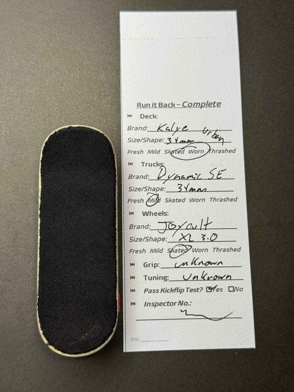 Kalye Urban complete inspection card