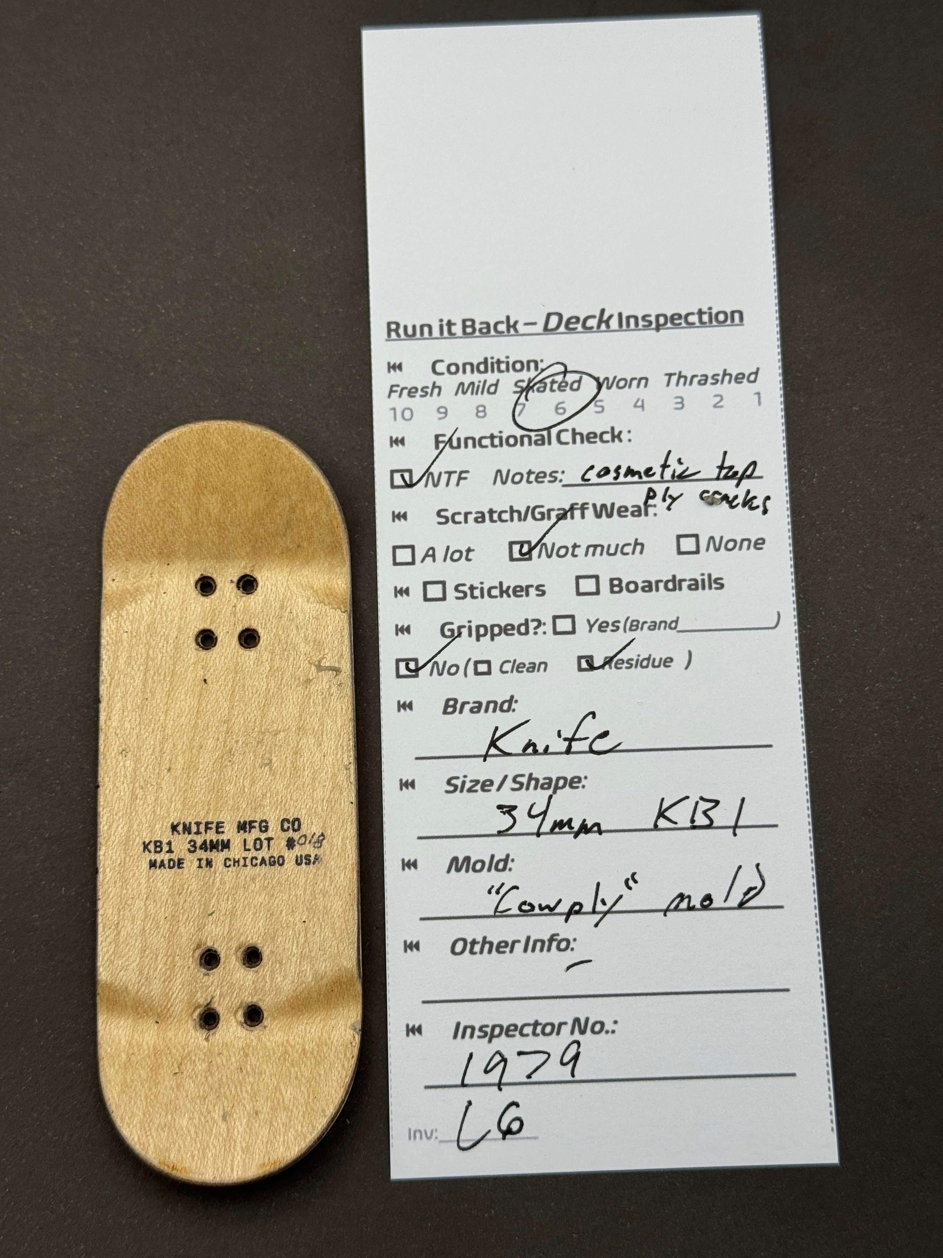 Knife Mfg. Co. 34mm KB1 - Skated - inspection card and bottom