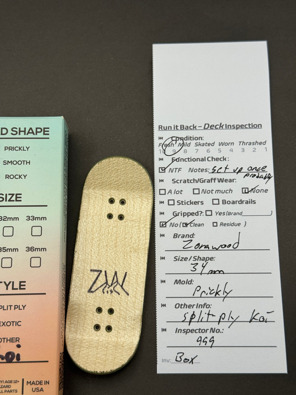 Zonawood 34mm Prickly Split-Ply Koi - Fresh - bottom with inspection card and original box