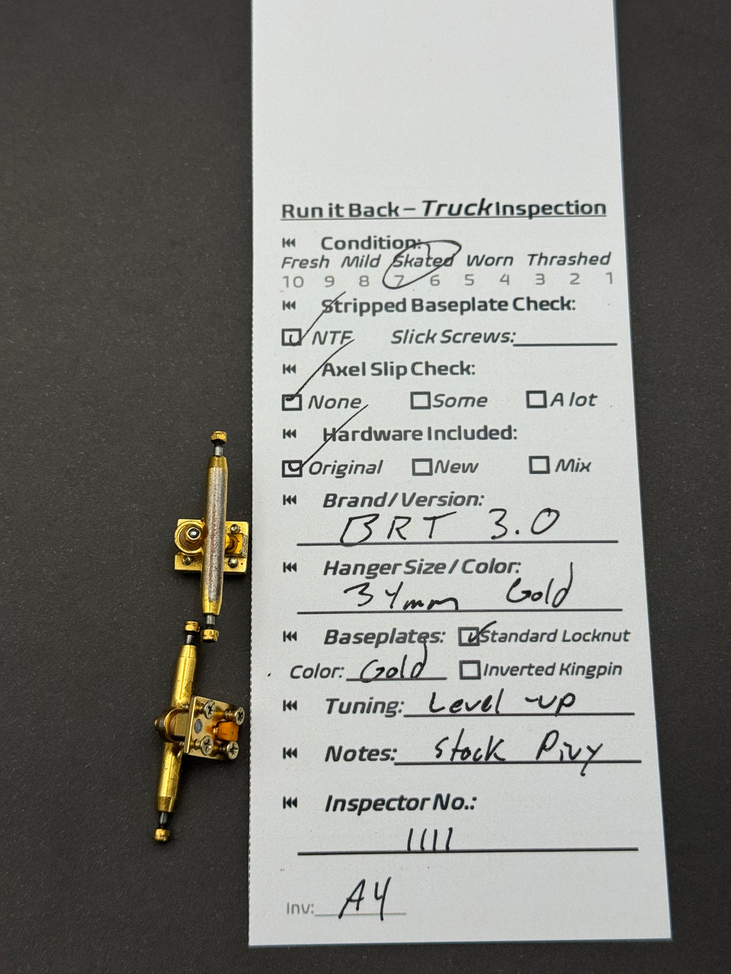 BRT 3.0 34mm Gold trucks – inspection card