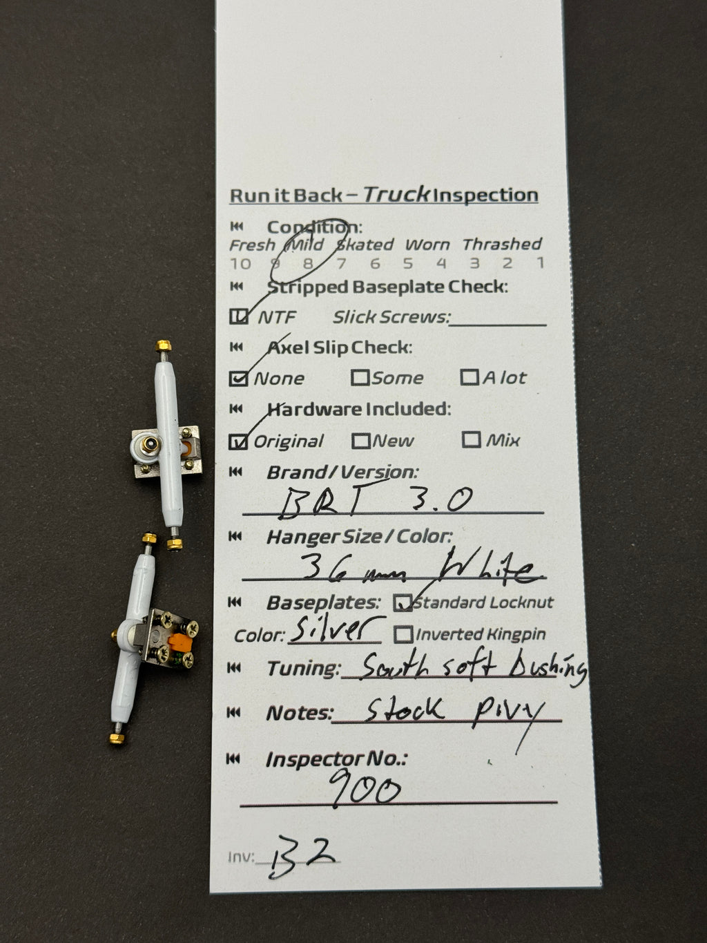 BRT 3.0 36mm White / Silver trucks – inspection card
