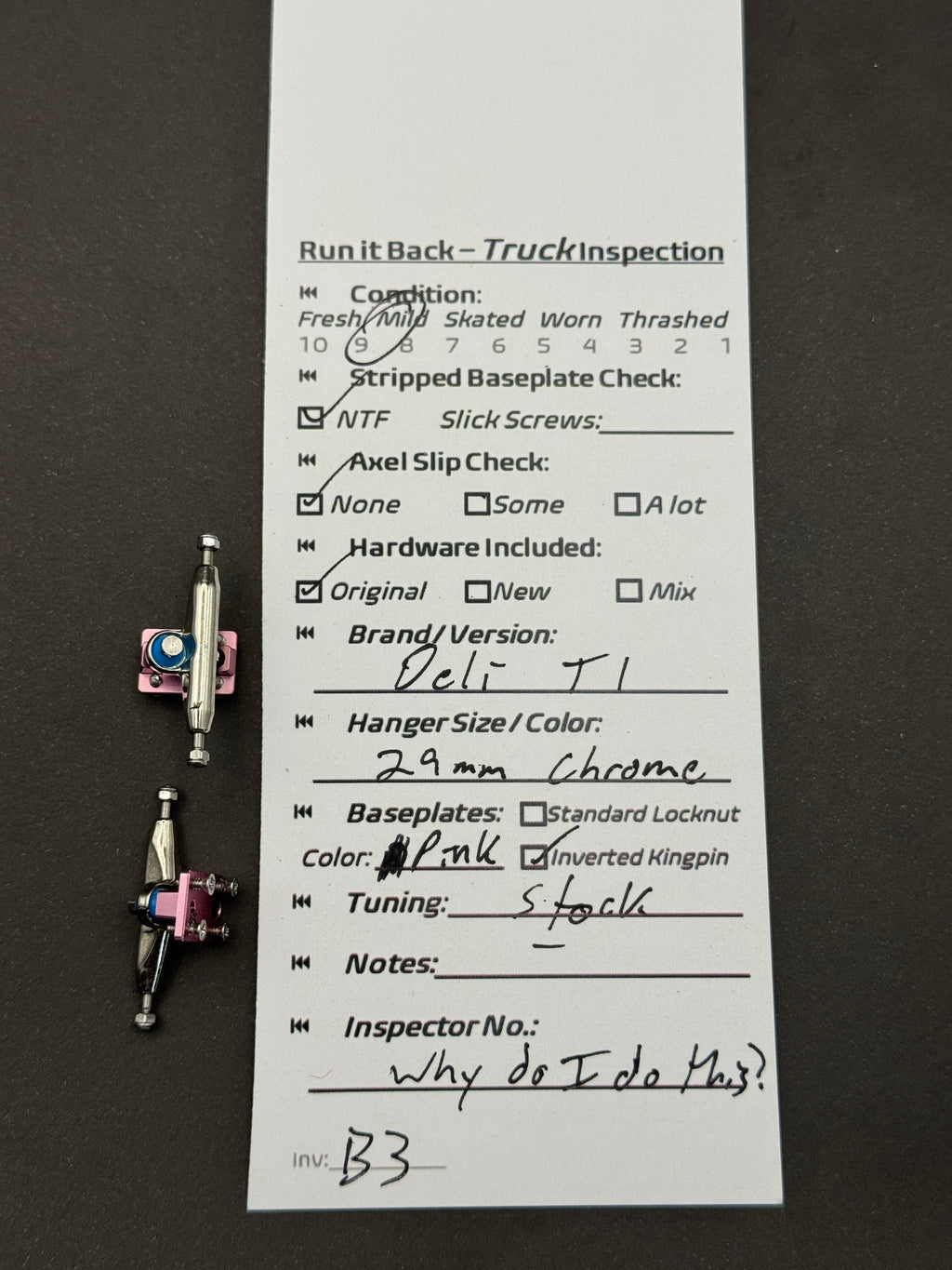 Deli T1 29mm Chrome / Pink trucks – inspection card