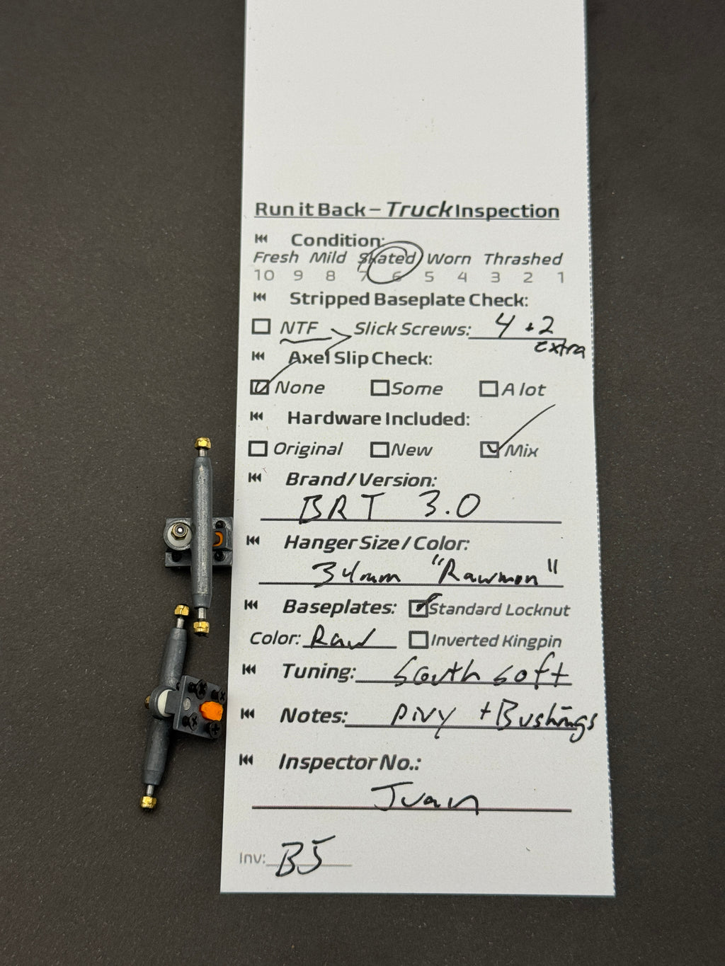 BRT 3.0 34mm Rawmon trucks – inspection card