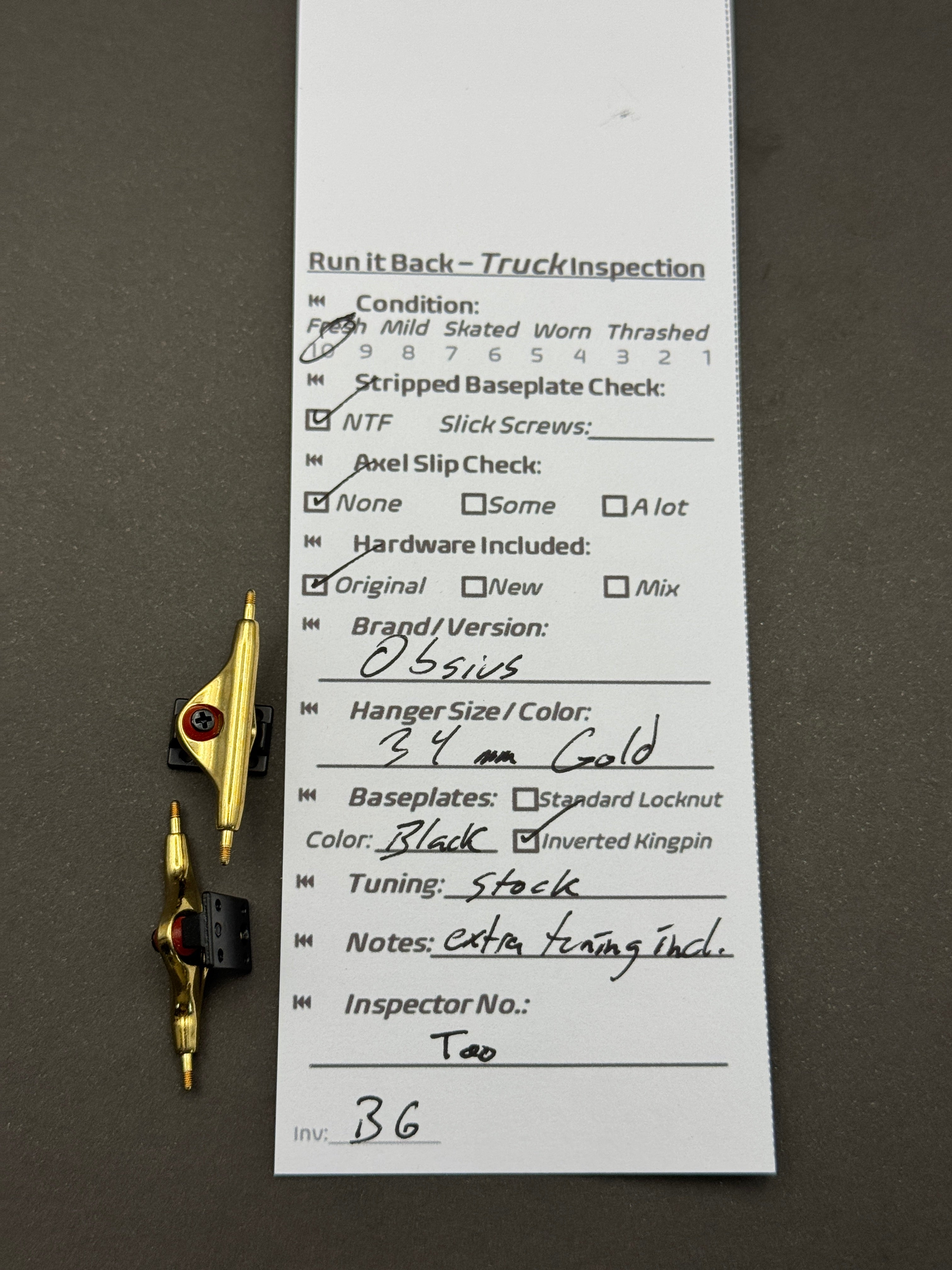 Ossius 34mm Gold / Black trucks – inspection card