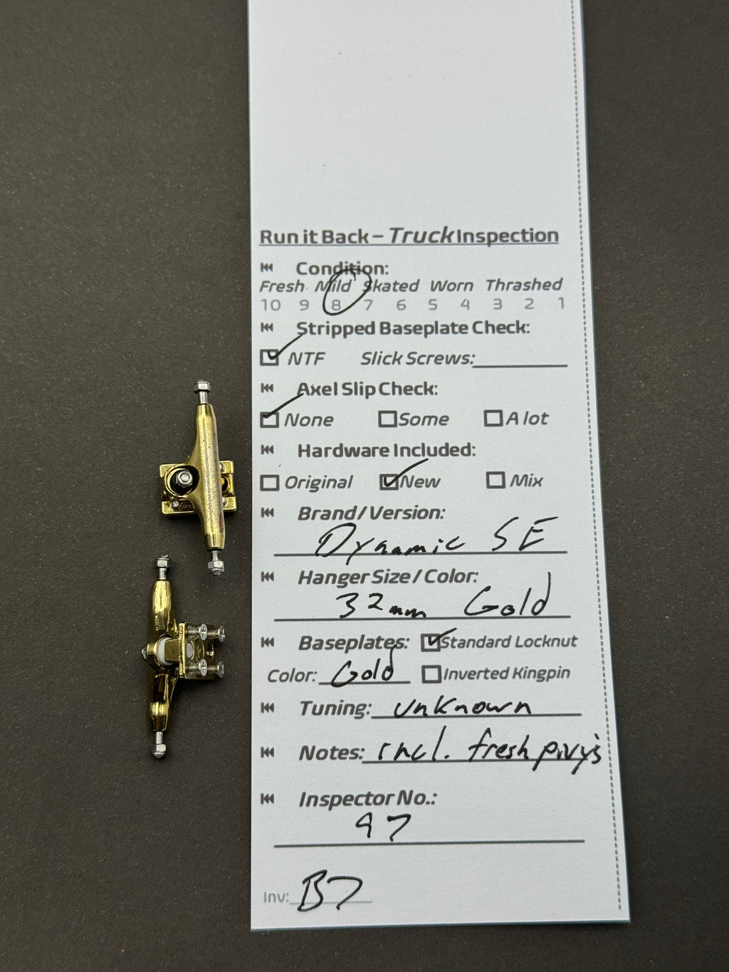Dynamic SE 32mm Gold trucks – inspection card