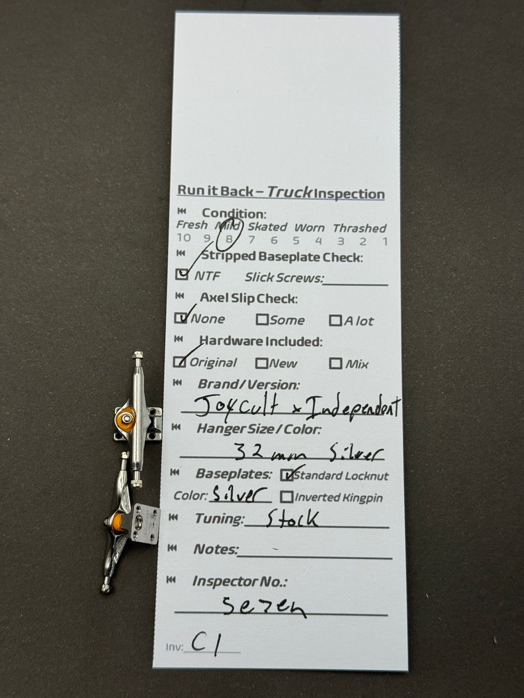 Joycult x Independent 32mm Silver trucks – inspection card