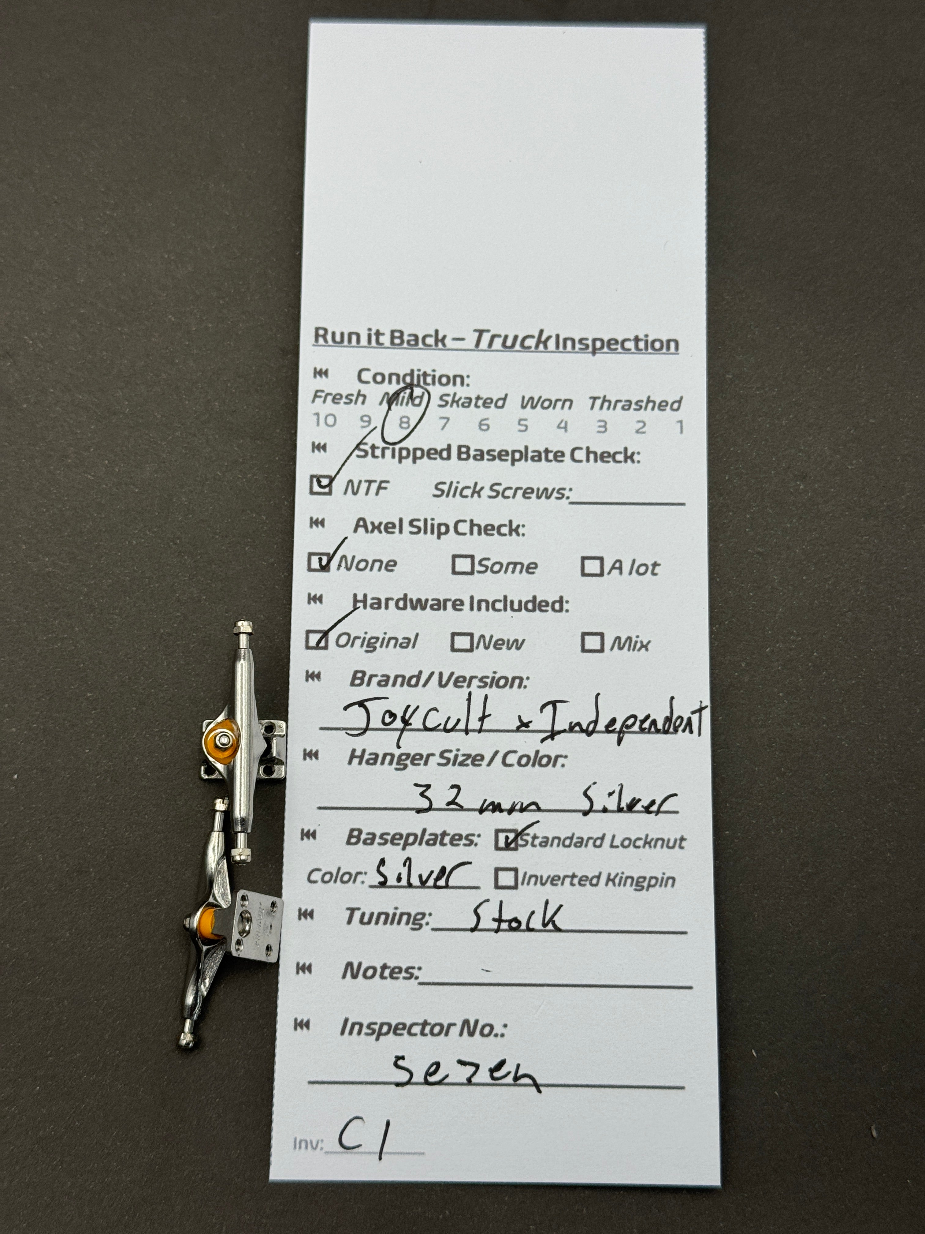 Joycult x Independent 32mm Silver trucks – inspection card