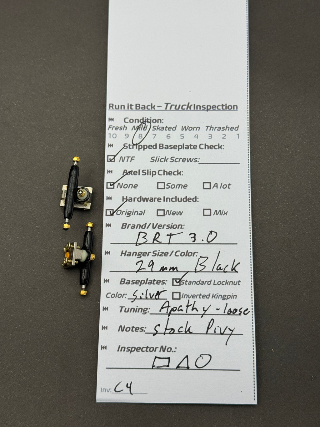 BRT 3.0 29mm Black / Silver trucks – inspection card
