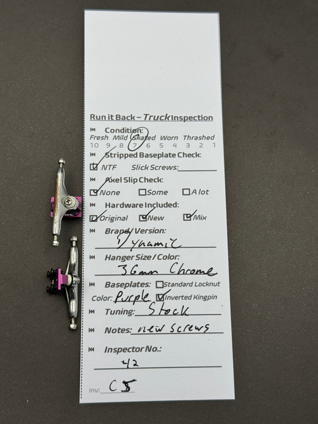 Dynamic 36mm Chrome / Purple trucks – inspection card