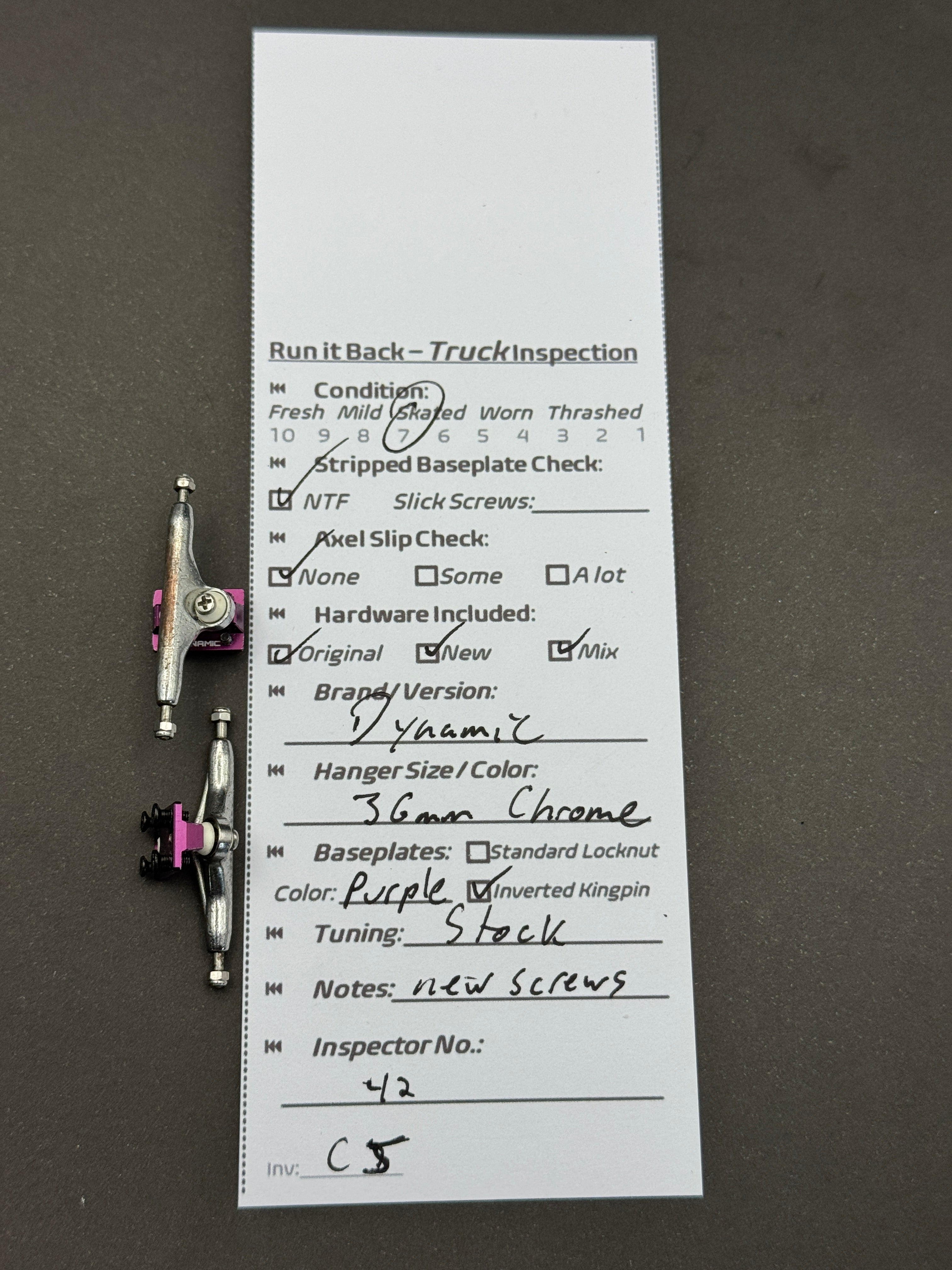 Dynamic 36mm Chrome / Purple trucks – inspection card