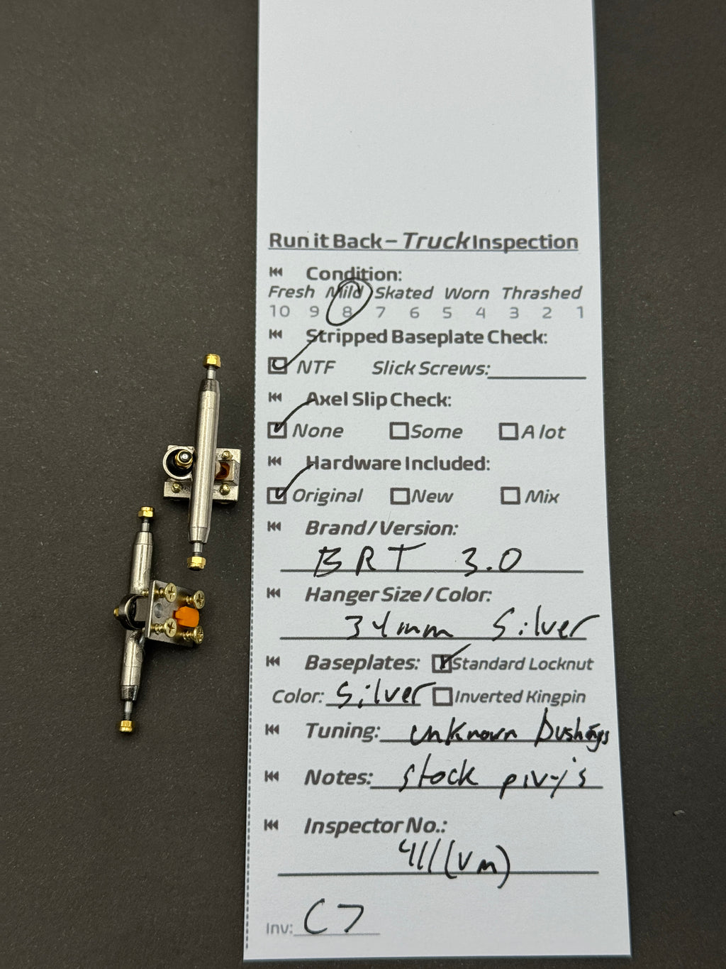 BRT 3.0 34mm Silver trucks – inspection card