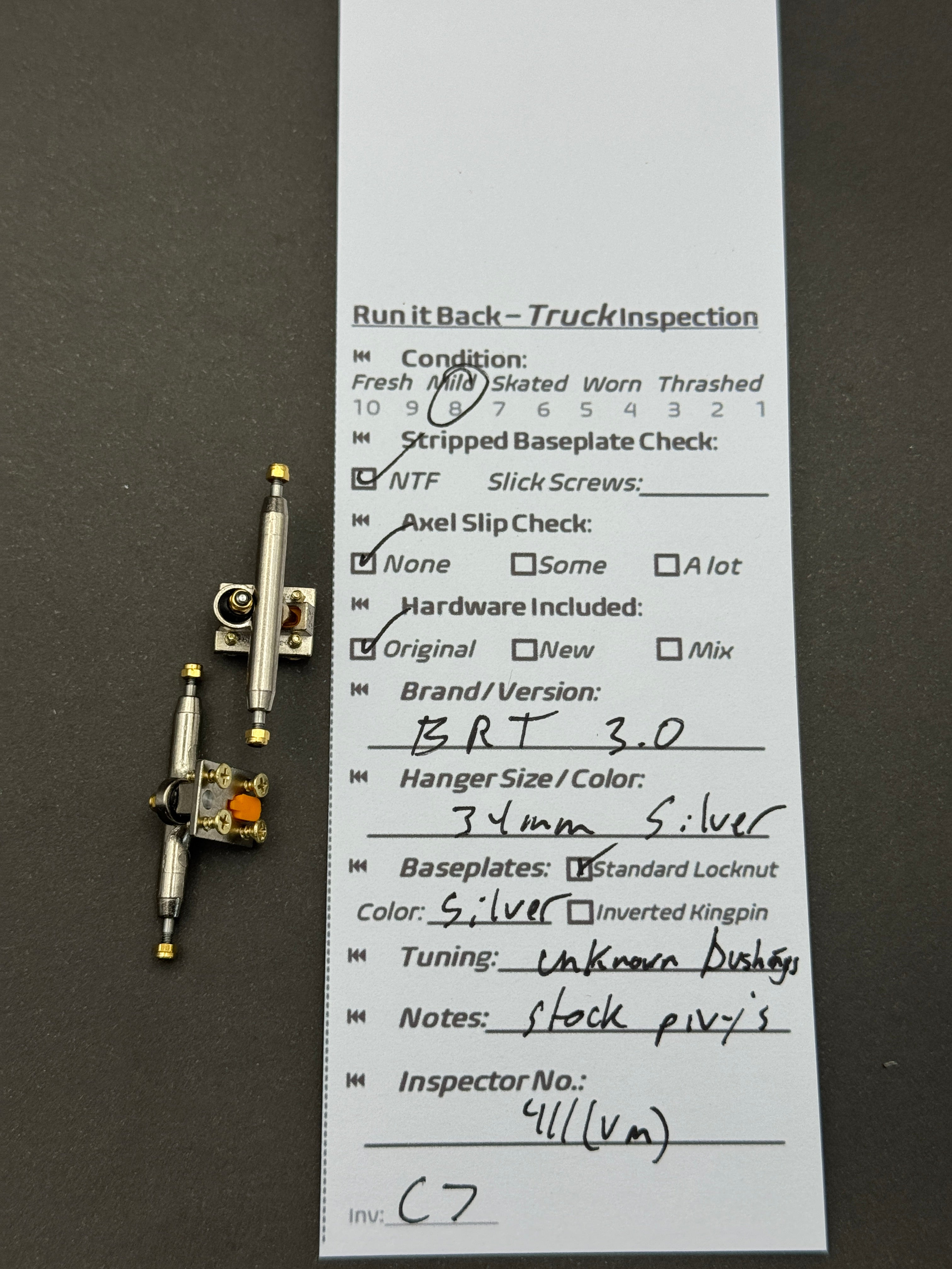 BRT 3.0 34mm Silver trucks – inspection card