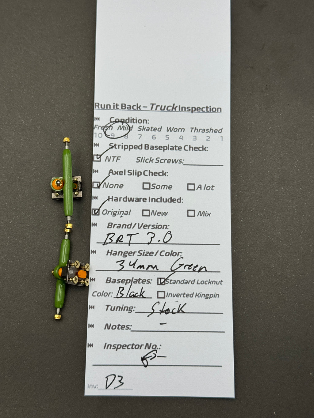 BRT 3.0 34mm Green / Black trucks – inspection card