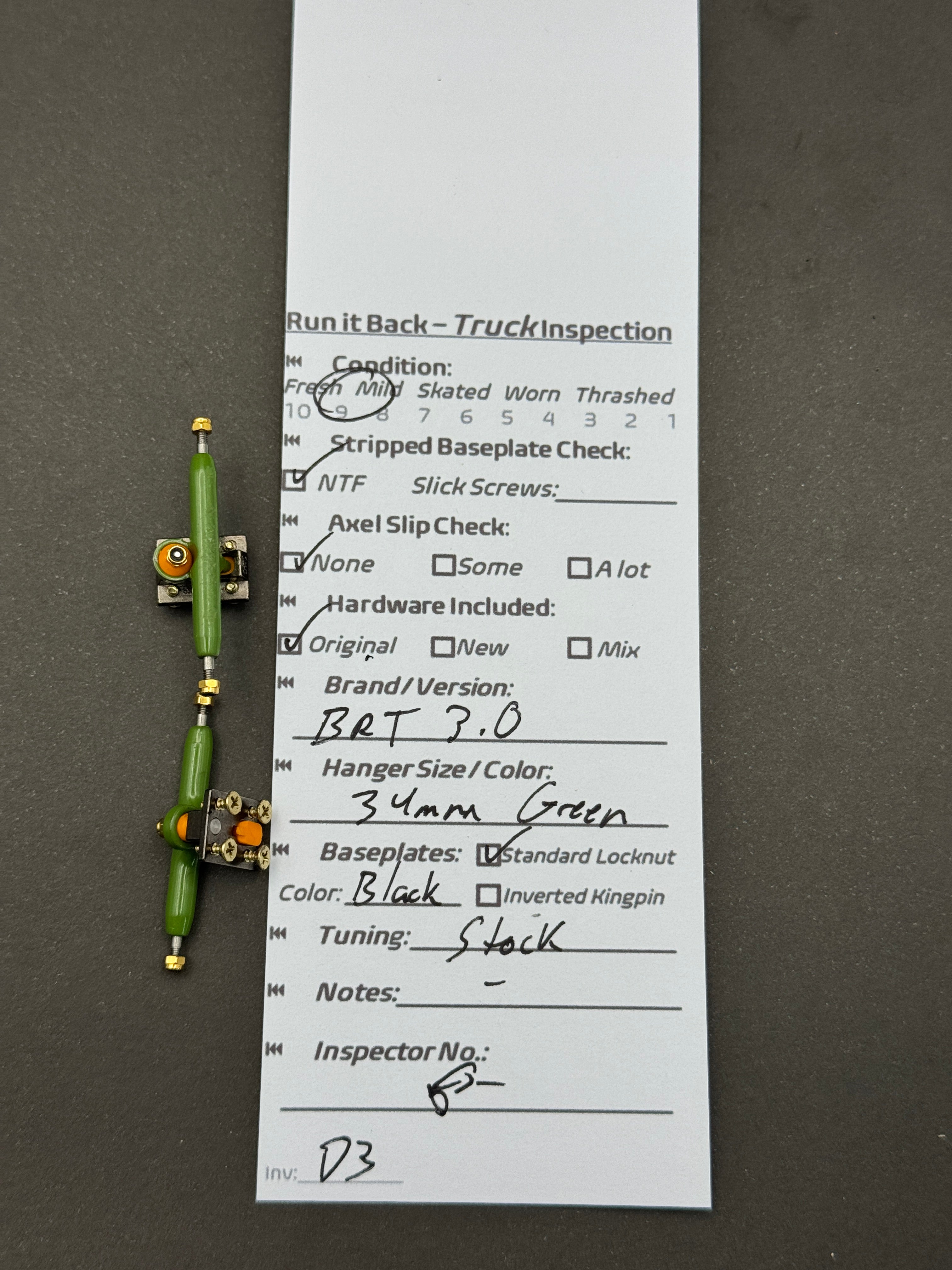 BRT 3.0 34mm Green / Black trucks – inspection card