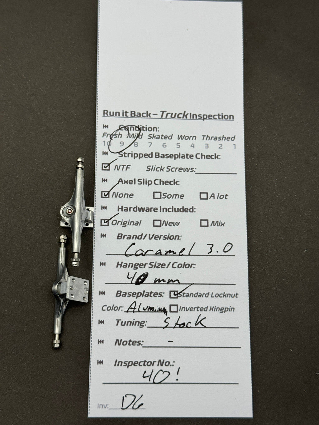 Caramel 3.0 40mm Aluminum trucks – inspection card