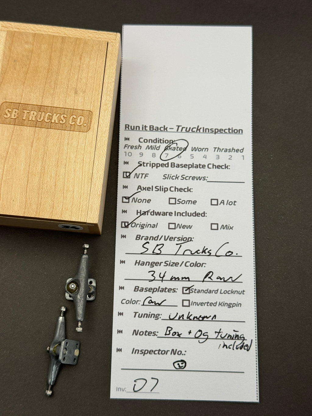 SB Trucks Co. 34mm Raw trucks – inspection card