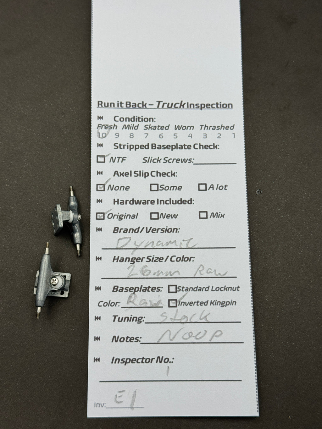 Dynamic 26mm Raw trucks – inspection card
