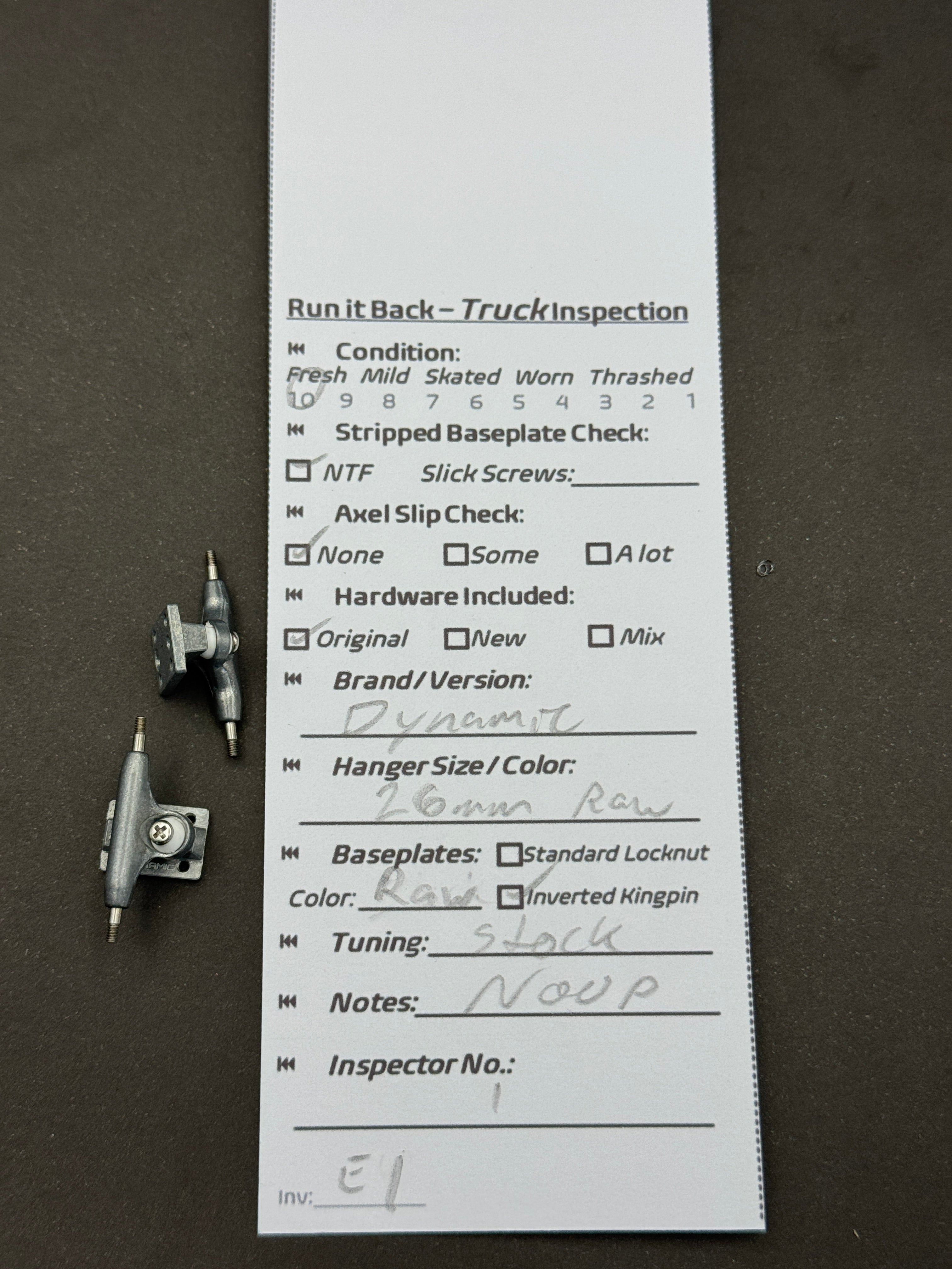 Dynamic 26mm Raw trucks – inspection card