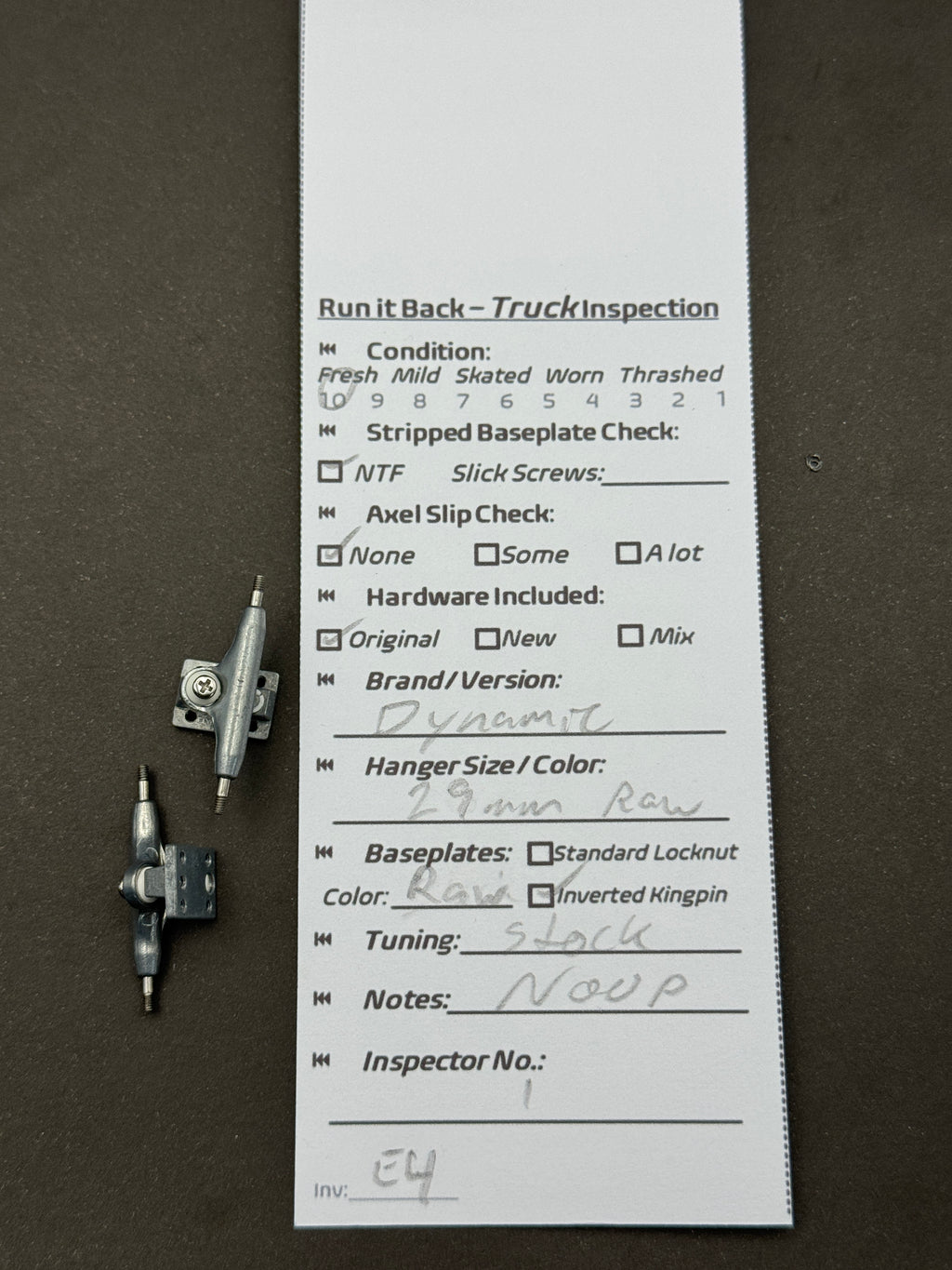Dynamic 29mm Raw trucks – inspection card
