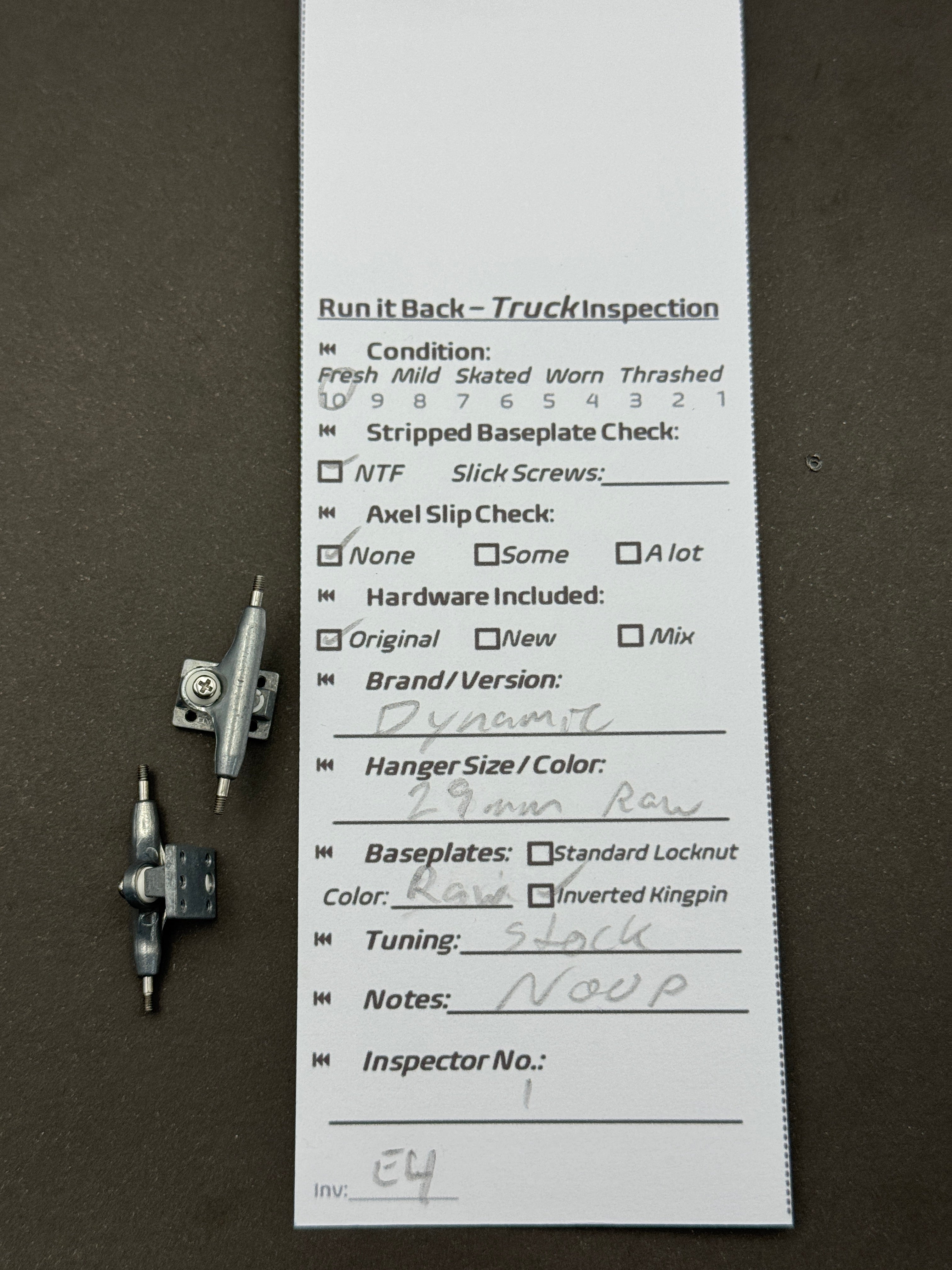 Dynamic 29mm Raw trucks – inspection card