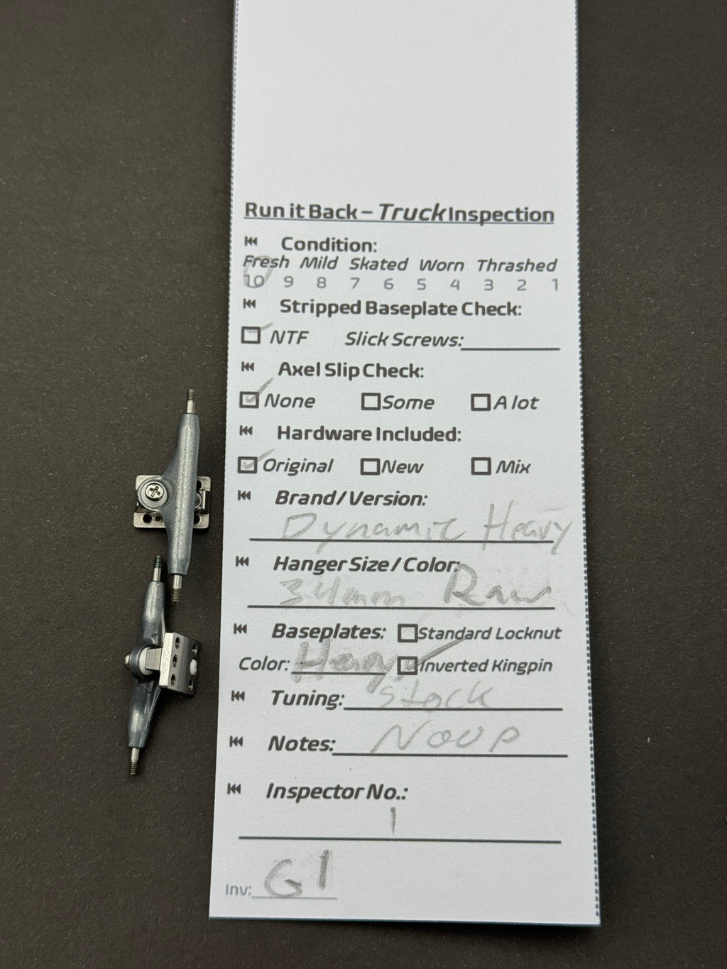 Dynamic Heavy 34mm Raw trucks – inspection card