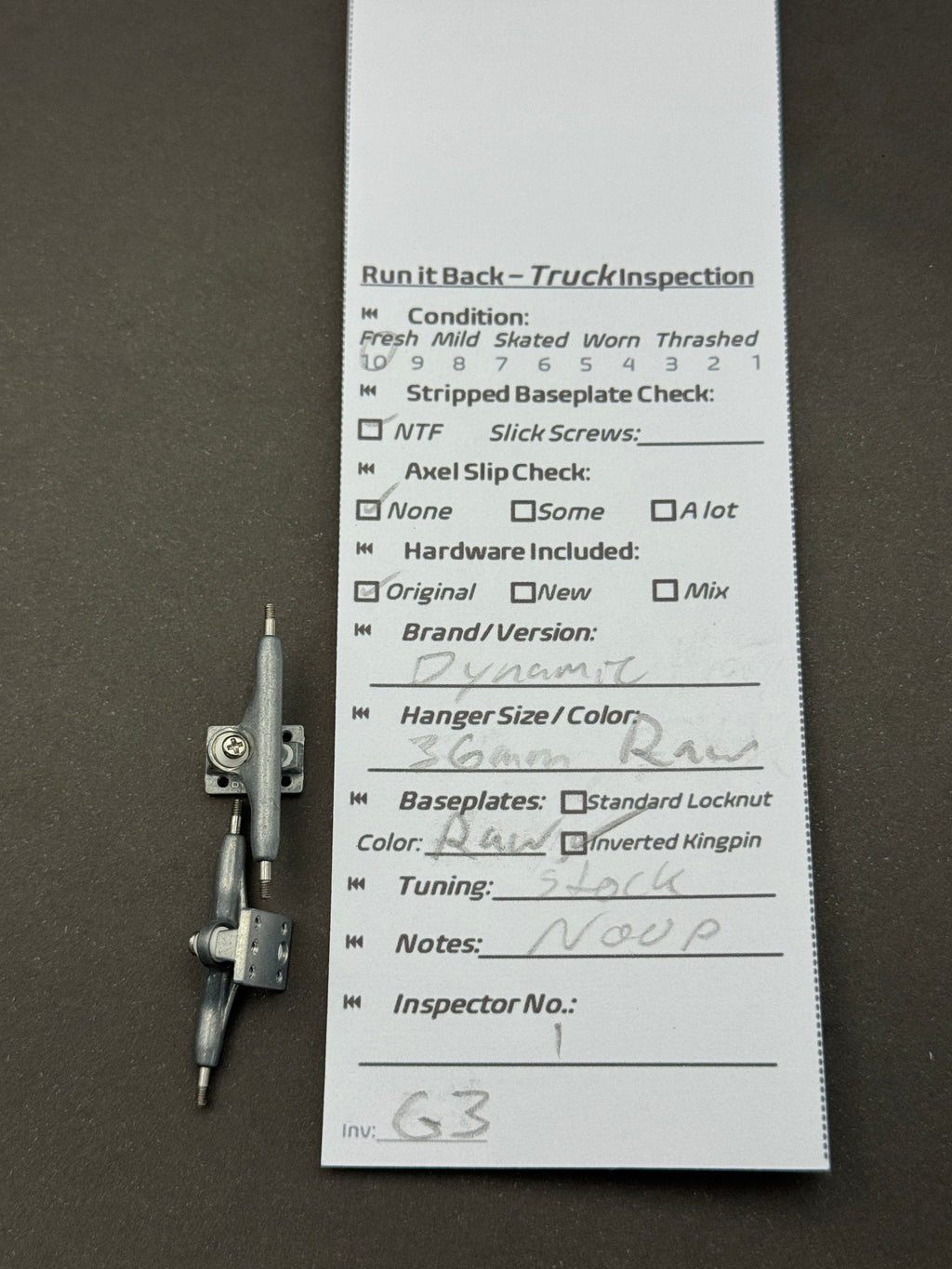 Dynamic 36mm Raw trucks – inspection card