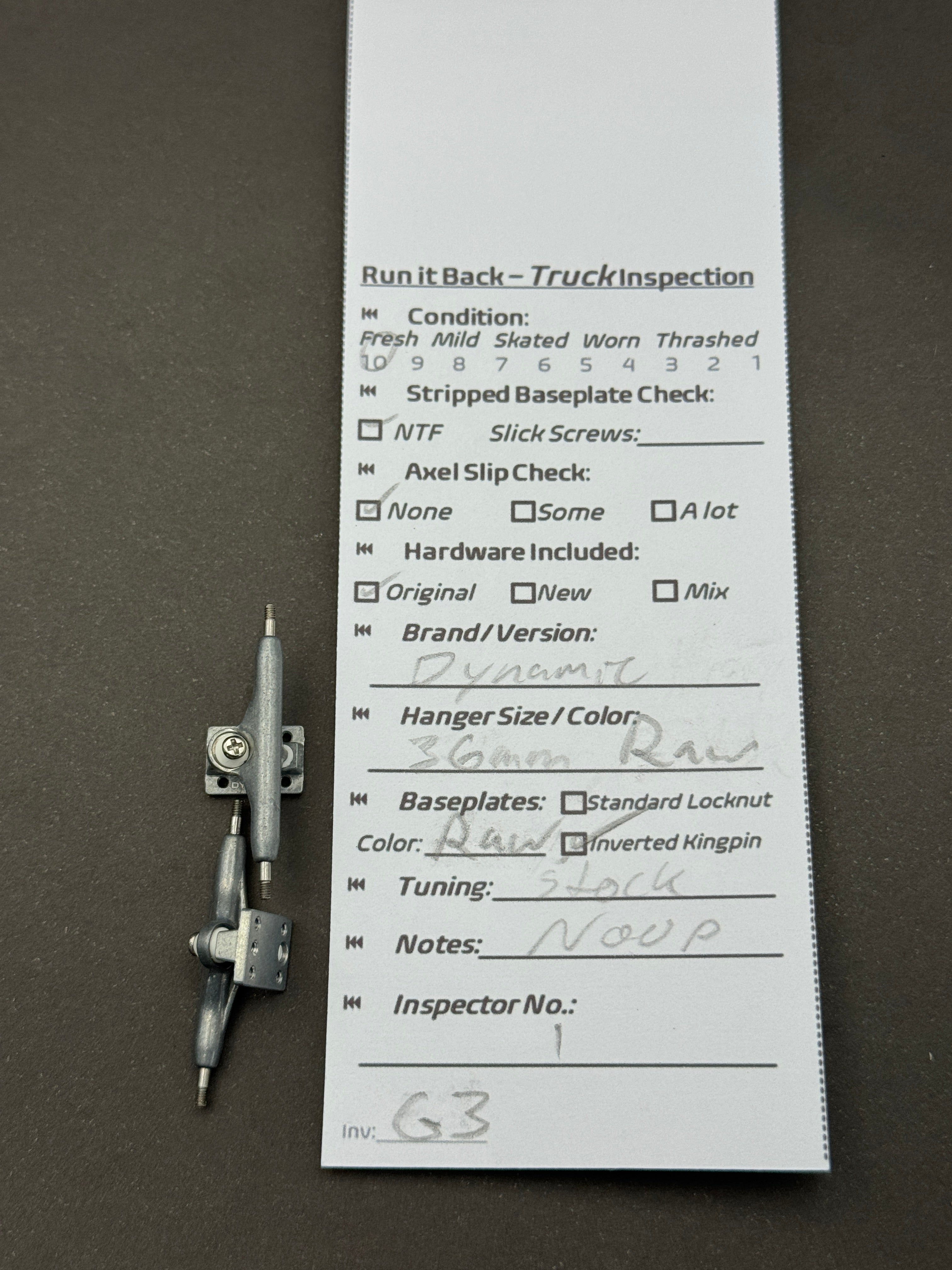 Dynamic 36mm Raw trucks – inspection card