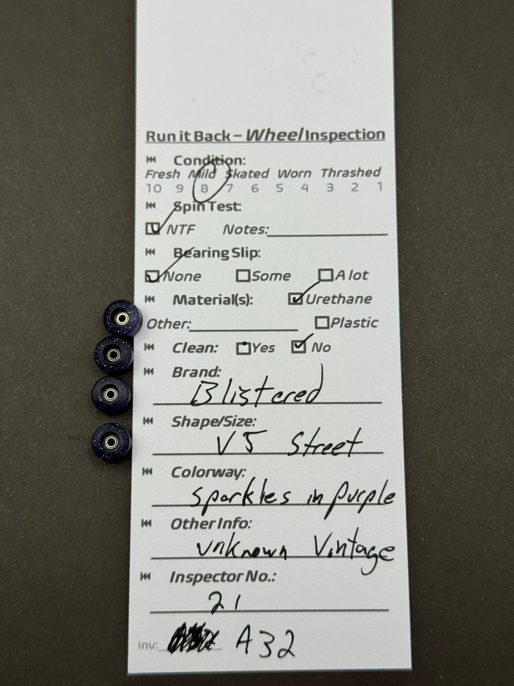 Blistered V5 Street Sparkles in Purple – Run it Back inspection card