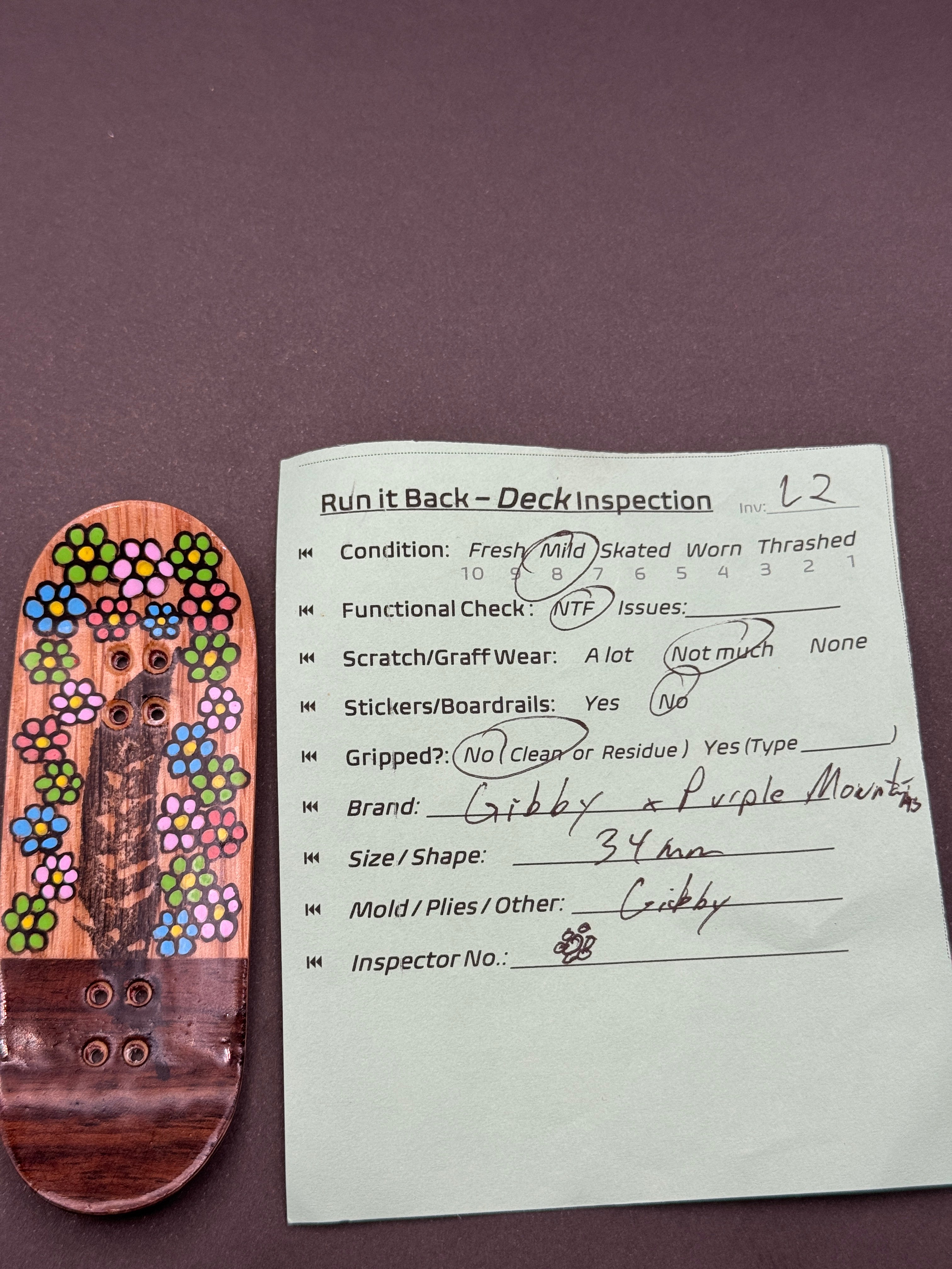 Gibby x Purple Mountain 34mm - Mild - walnut floral owl bottom with inspection card