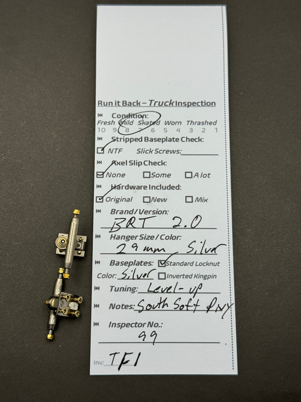 BRT 2.0 29mm Silver trucks with inspection card