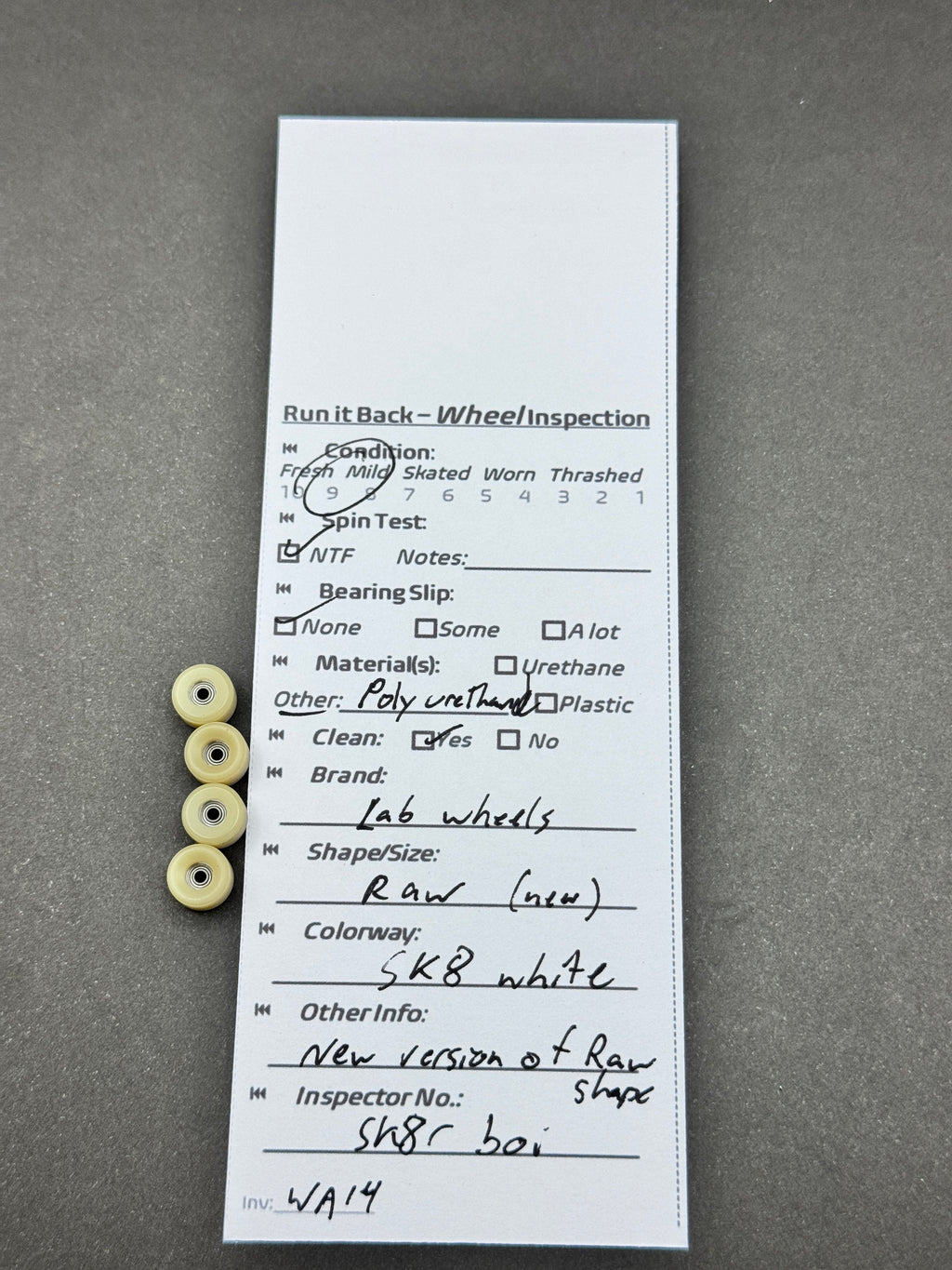 Lab Wheels Raw New SK8 White fingerboard wheels inspection card
