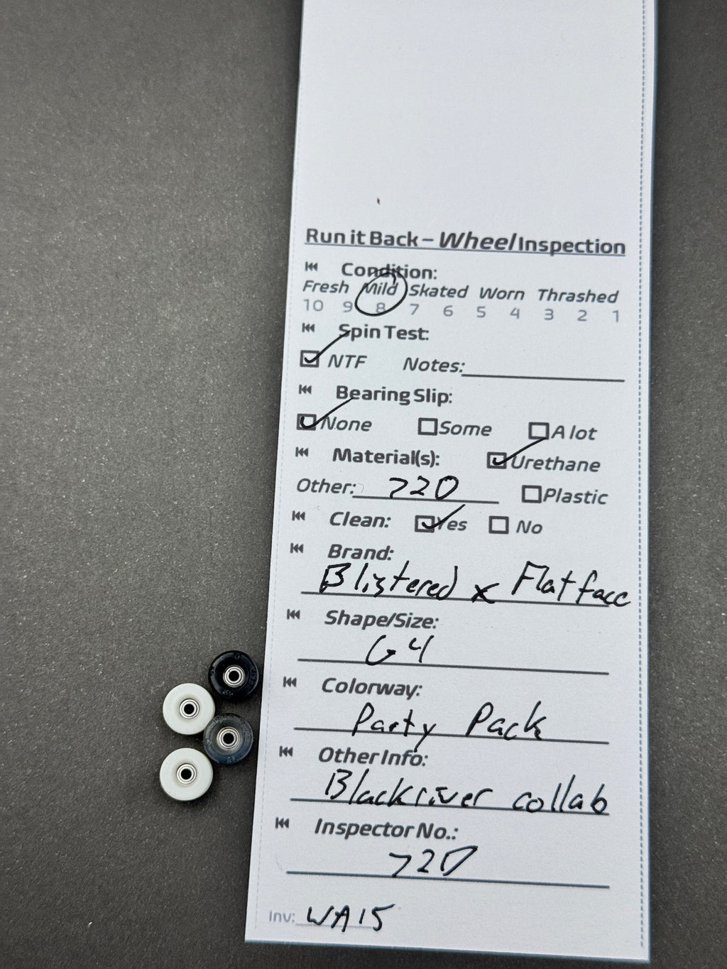 Blistered x Flatface G4 Party Pack fingerboard wheels inspection card