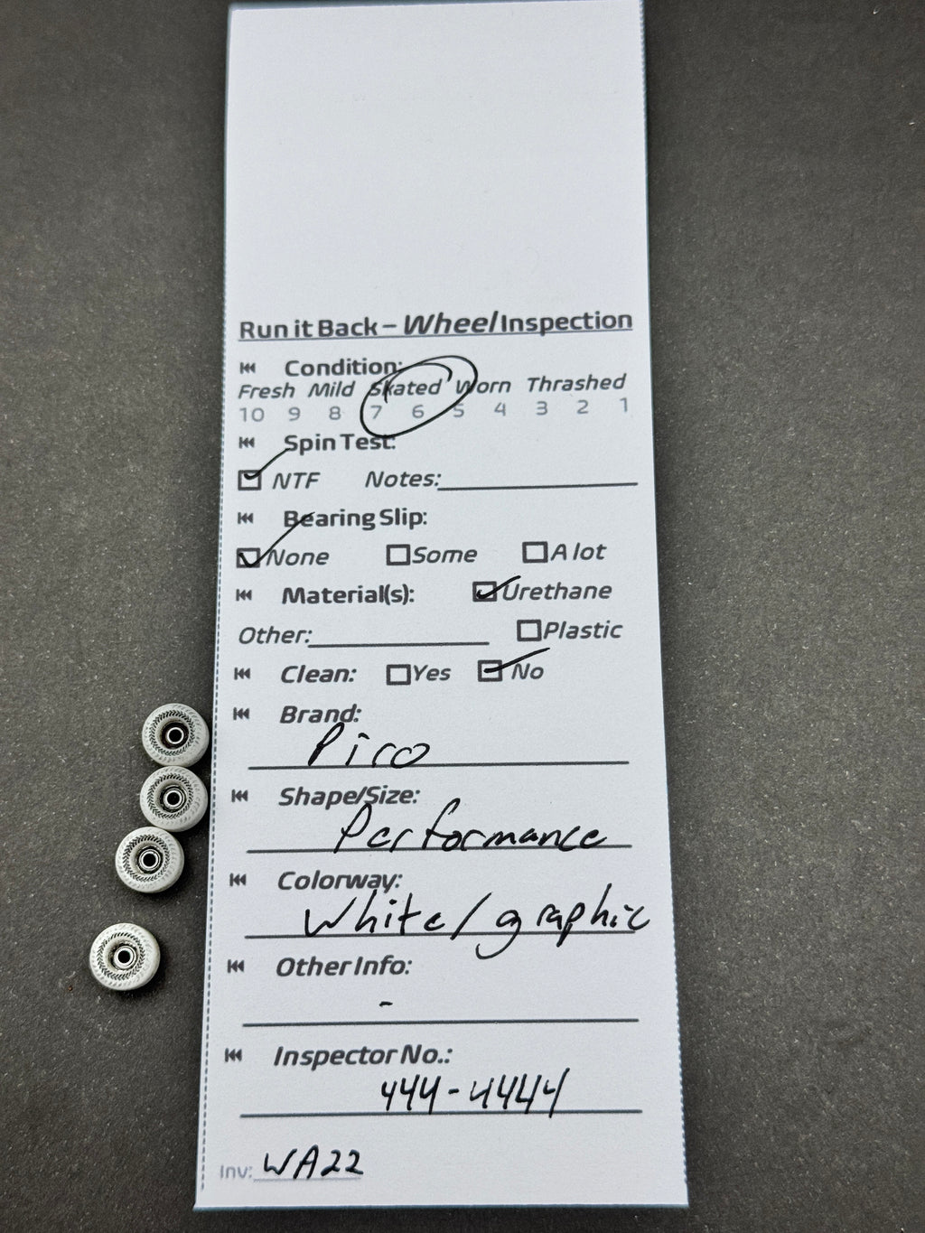 Pico Performance White Graphic fingerboard wheels inspection card