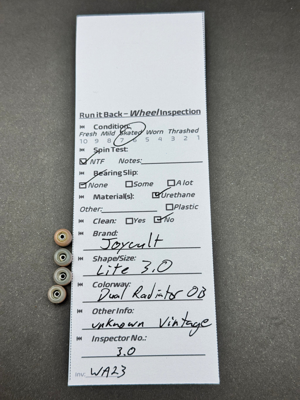 Joycult Lite 3.0 Dual Radiator OB fingerboard wheels inspection card