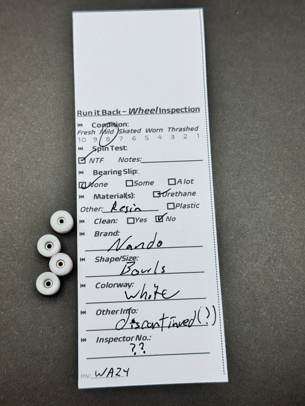Nando Bowls White fingerboard wheels inspection card