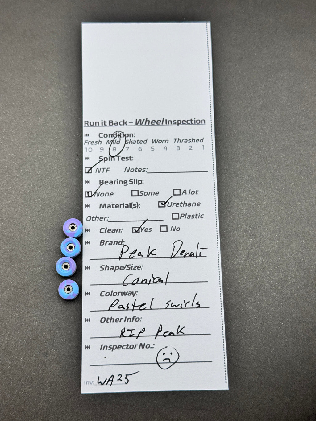 Peak Denali Conical Pastel Swirls fingerboard wheels inspection card