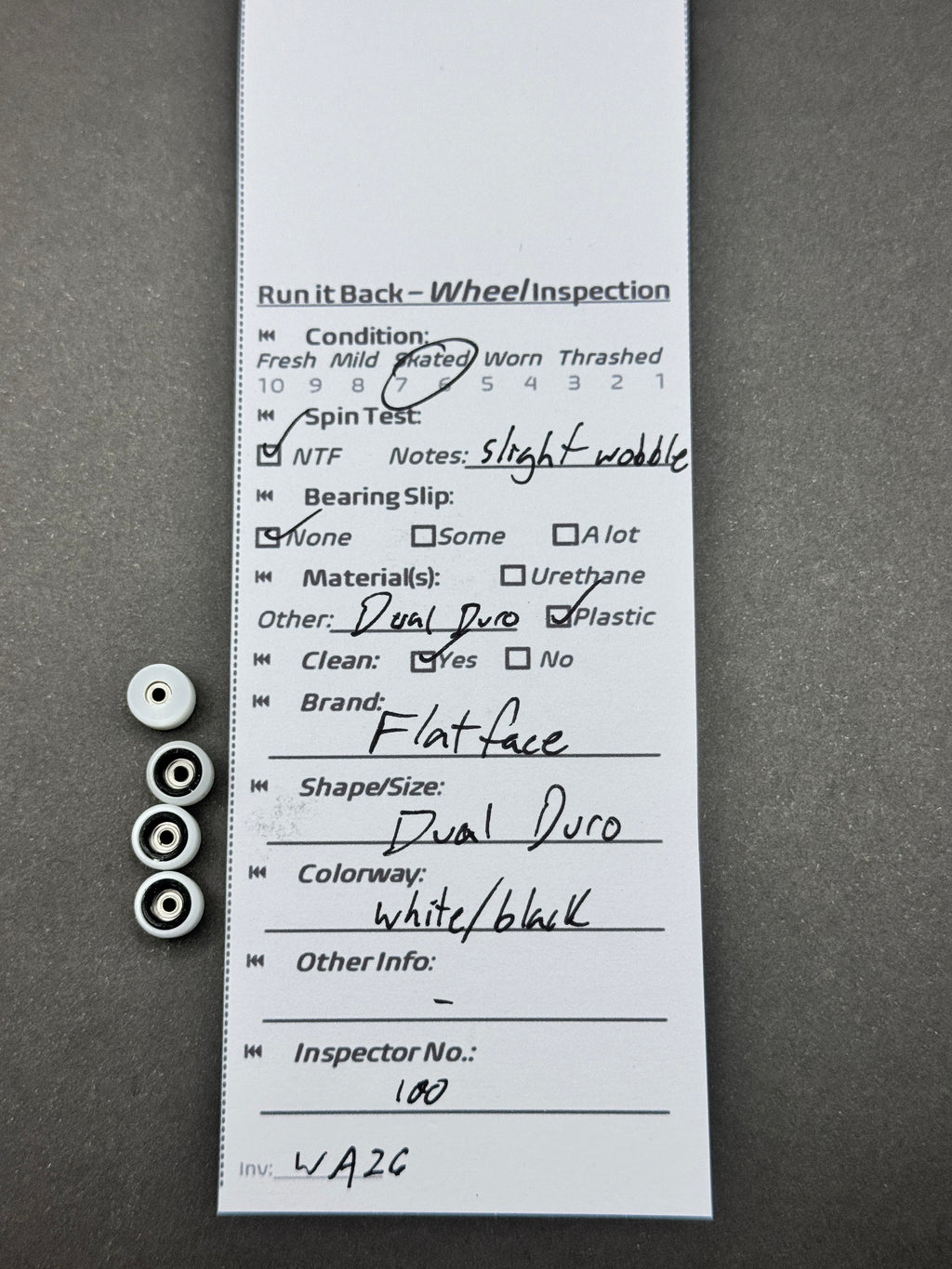 Flatface Dual Duro White Black fingerboard wheels inspection card