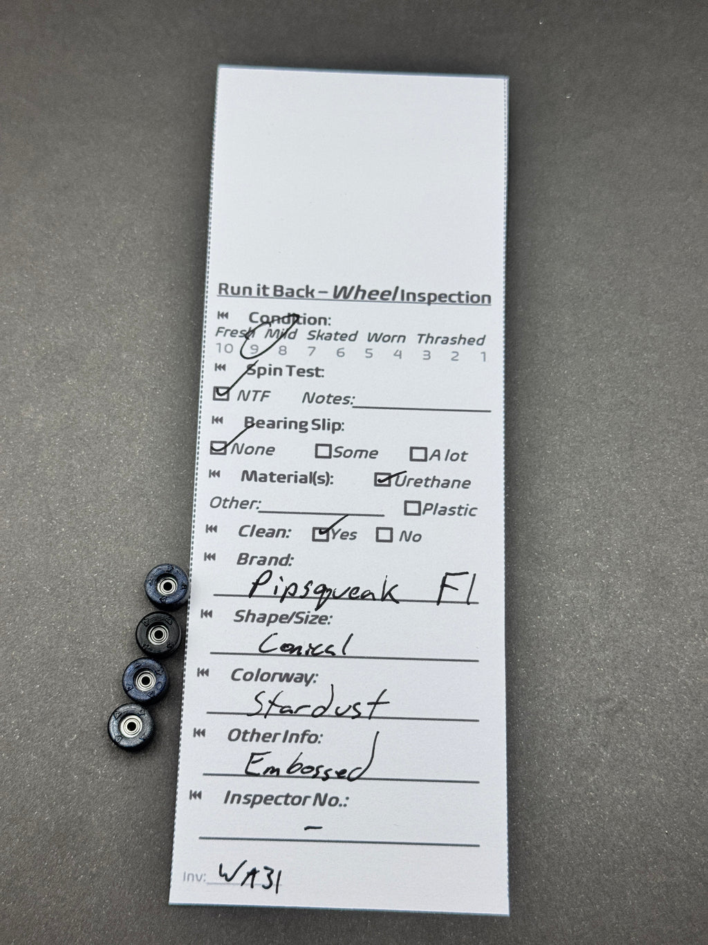 Pipsqueak F1 Conical Stardust fingerboard wheels inspection card