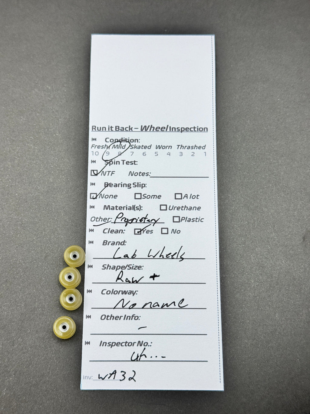 Lab Wheels Raw+ fingerboard wheels inspection card