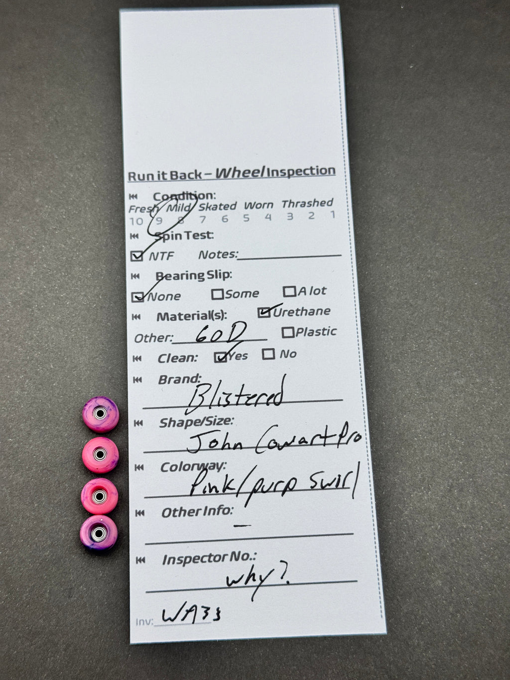 Blistered John Cowart Pro Pink Purple Swirl fingerboard wheels inspection card