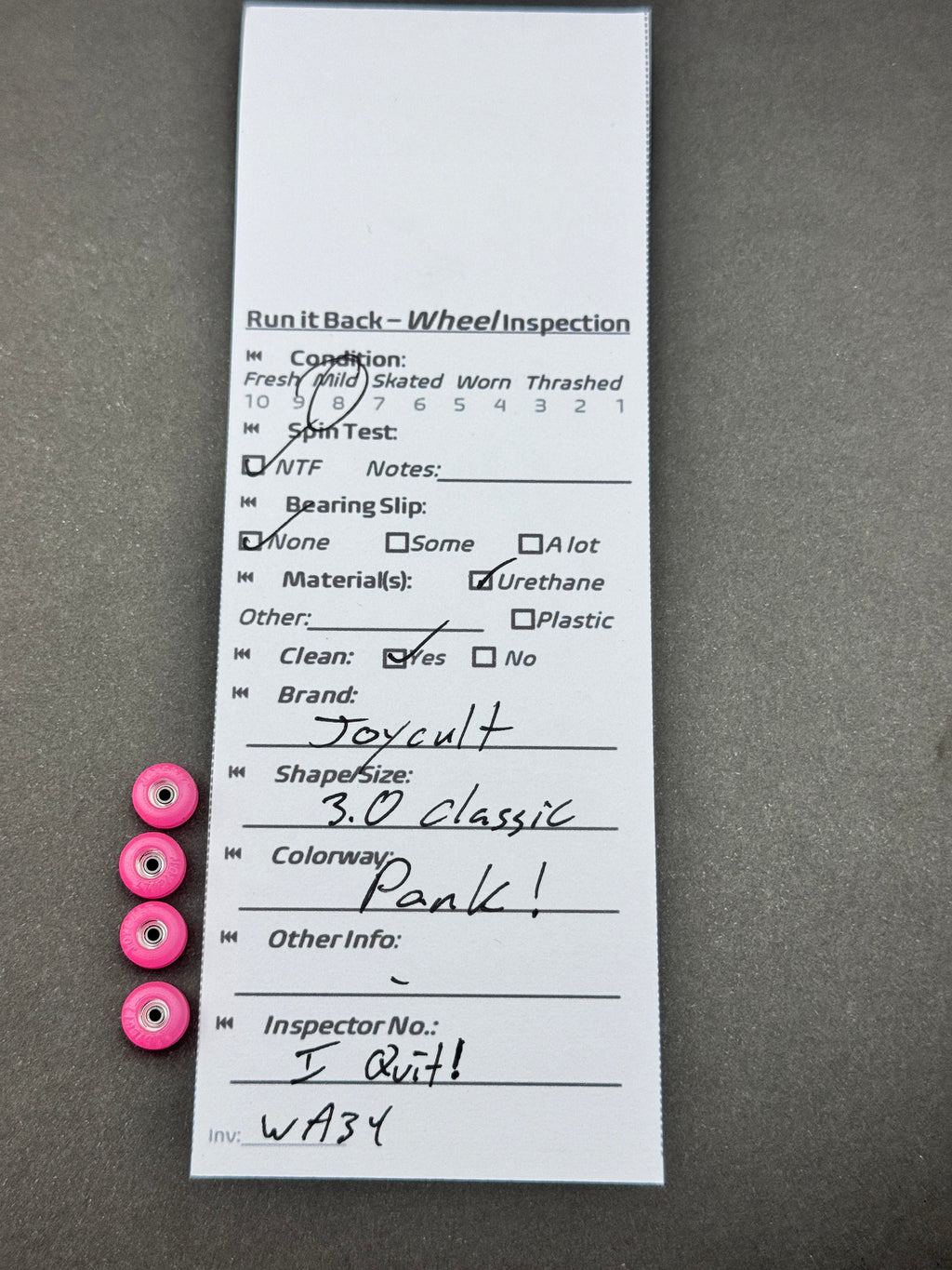 Joycult 3.0 Classic Pink fingerboard wheels inspection card