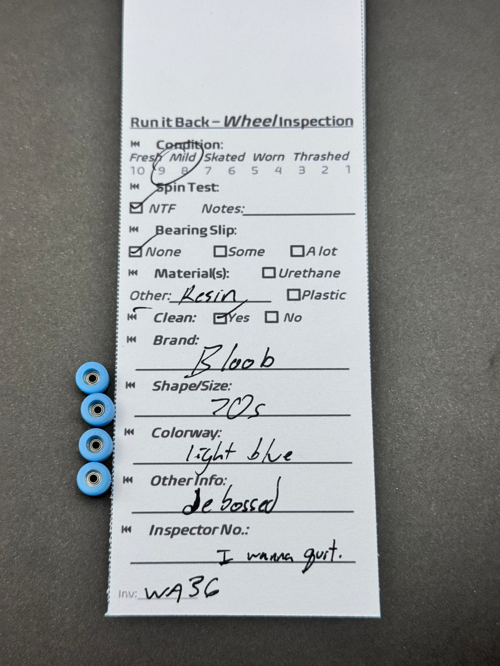 Bloob 7Cs Light Blue fingerboard wheels inspection card